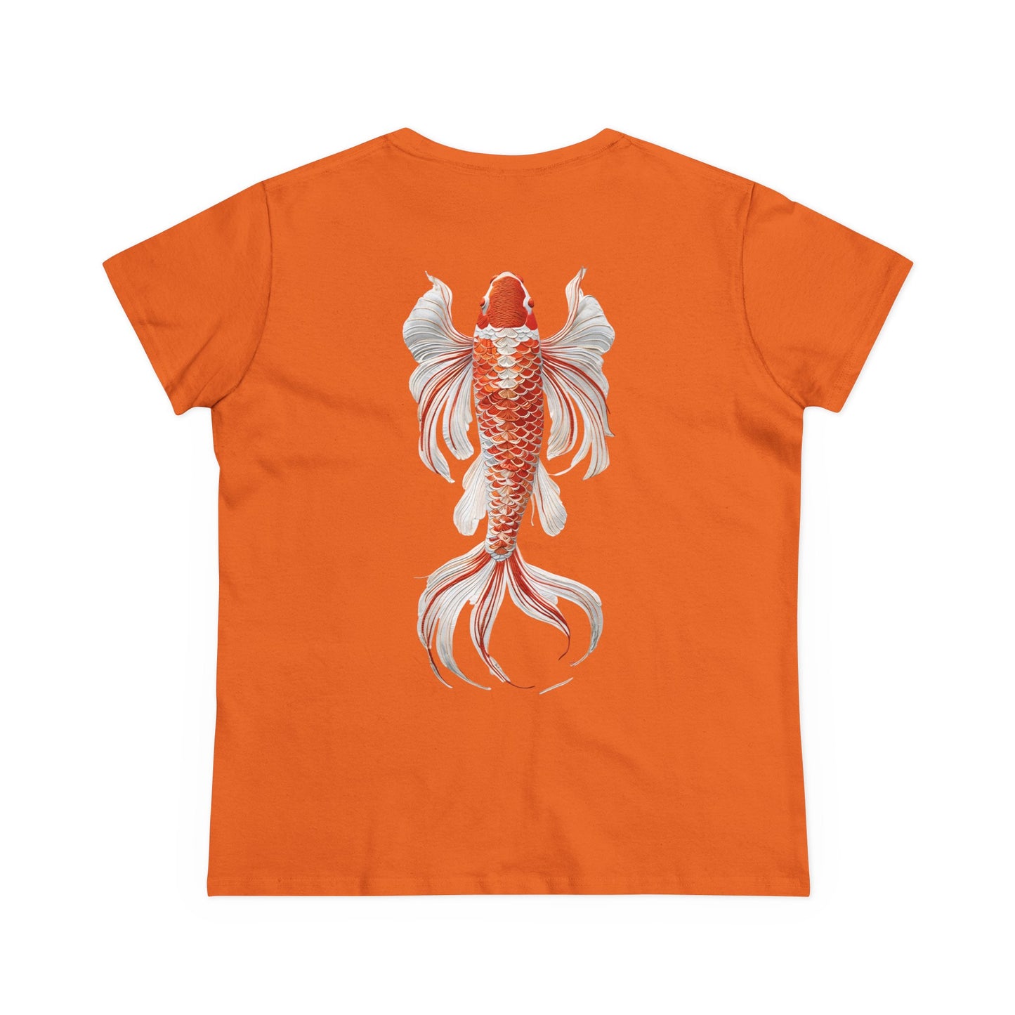Artistic Goldfish Graphic Women's Midweight Cotton Tee koi On back of tee