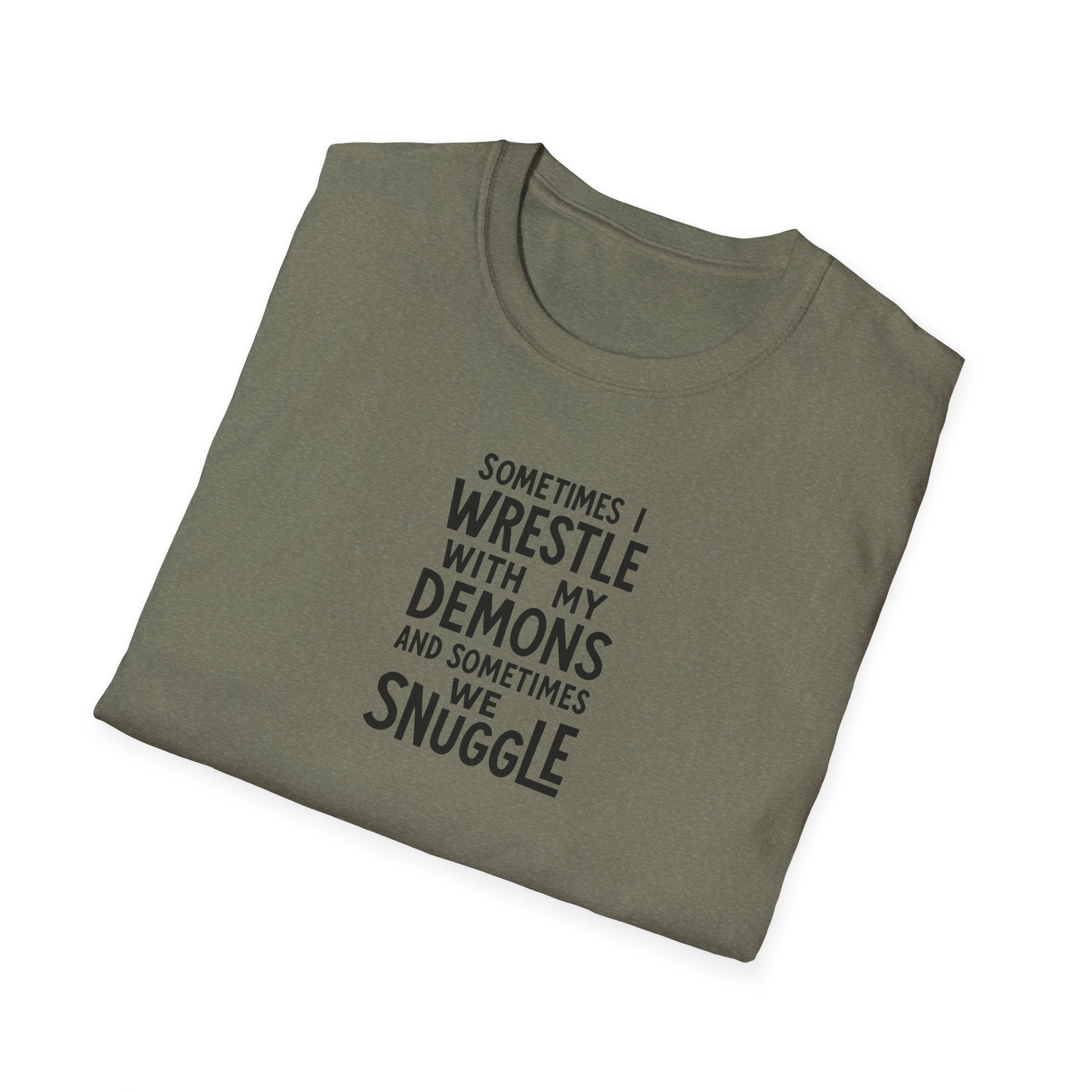 Demon Snuggle Unisex Softstyle T-Shirt, Wrestling Funny Tee, Mental Health Shirt, Graphic Tee, Gift for Him Her