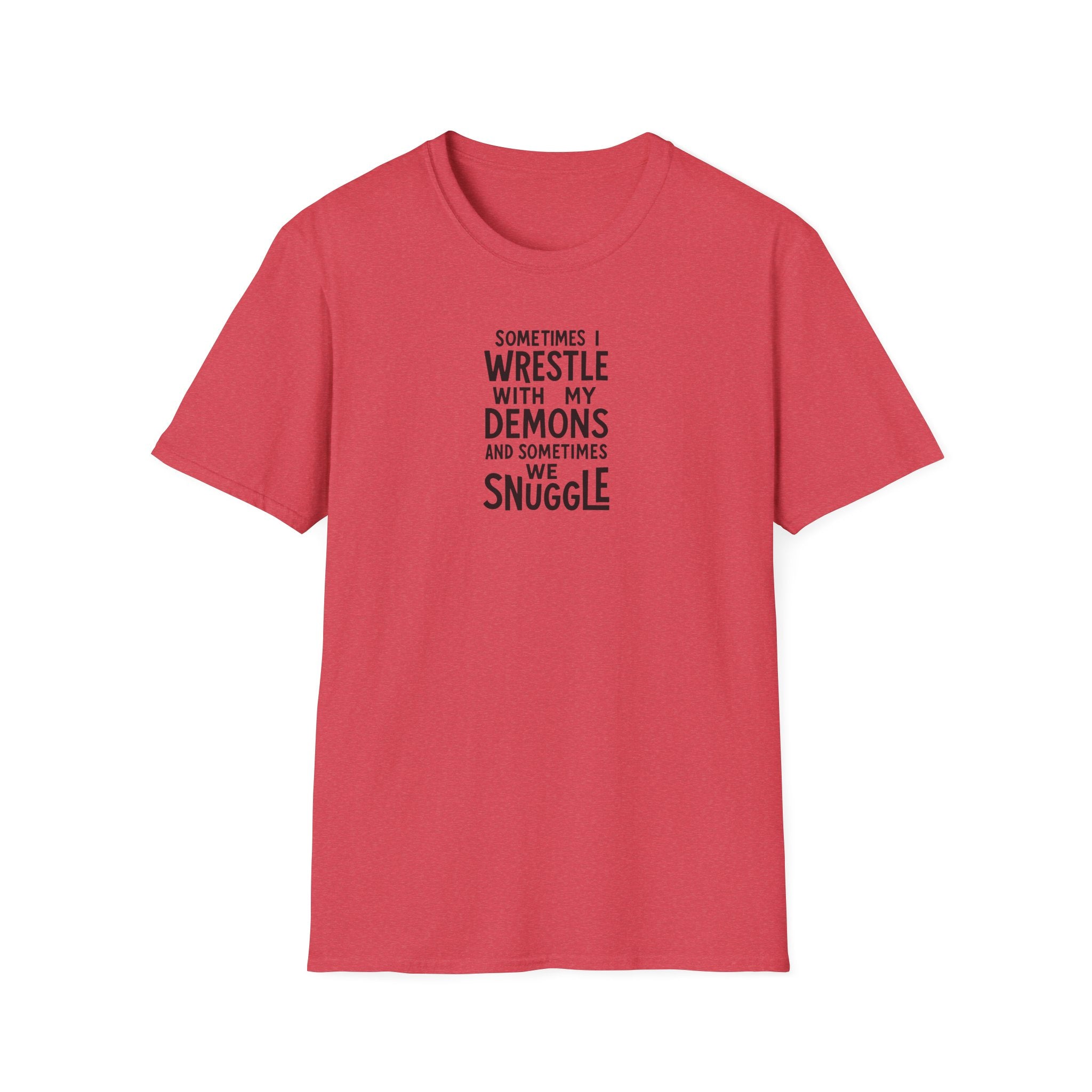 Demon Snuggle Unisex Softstyle T-Shirt, Wrestling Funny Tee, Mental Health Shirt, Graphic Tee, Gift for Him Her