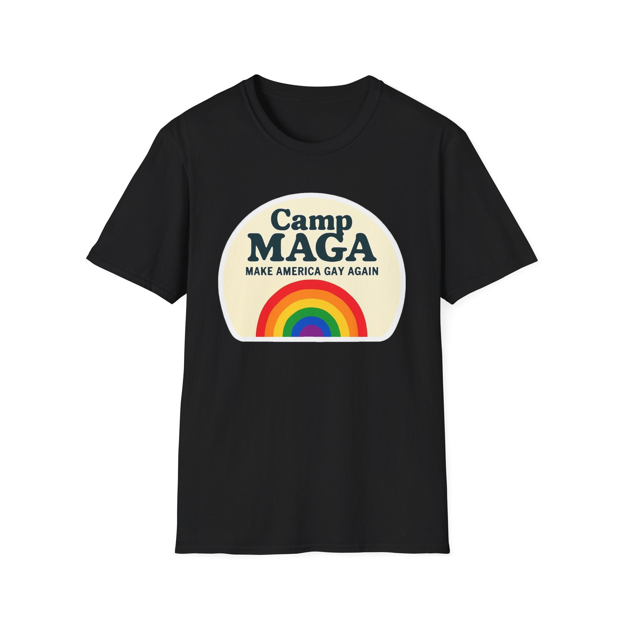 Camp MAGA Rainbow T-Shirt, Carnival Make America Gay Again Pride Tee, LGBTQ Festival Shirt, Unisex Softstyle Top, Patriotic Rainbow Apparel