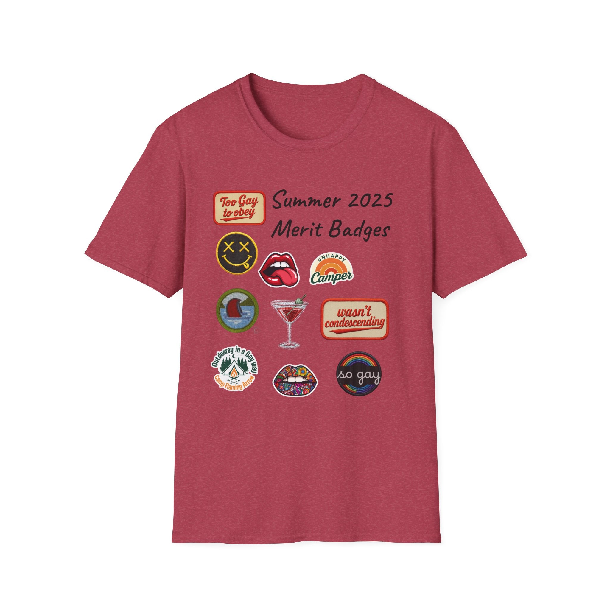 Summer 2025 Merit Badges carnival Unisex Softstyle T-Shirt, Gay Summer Apparel, Camp Vibes Tee, Unique Gifts, Casual Wear for Parties