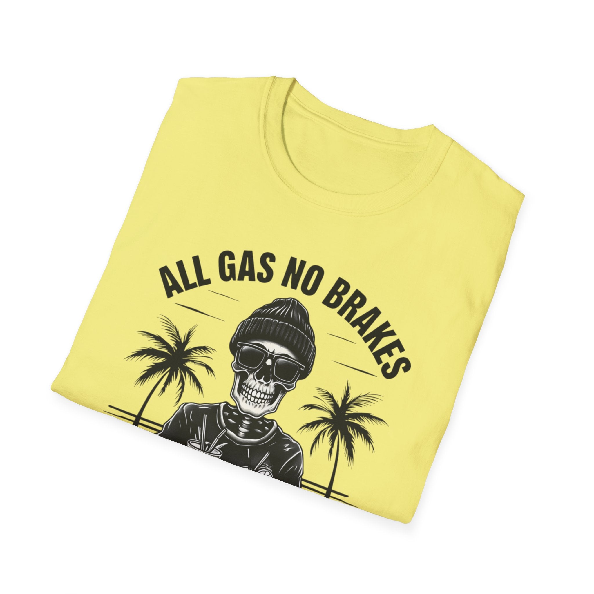 All Gas No Brakes Tee, Beach Party Skull Unisex Softstyle T-Shirt, Summer Skeleton Shirt, Vacation Graphic Top, Surfing Skeleton Apparel
