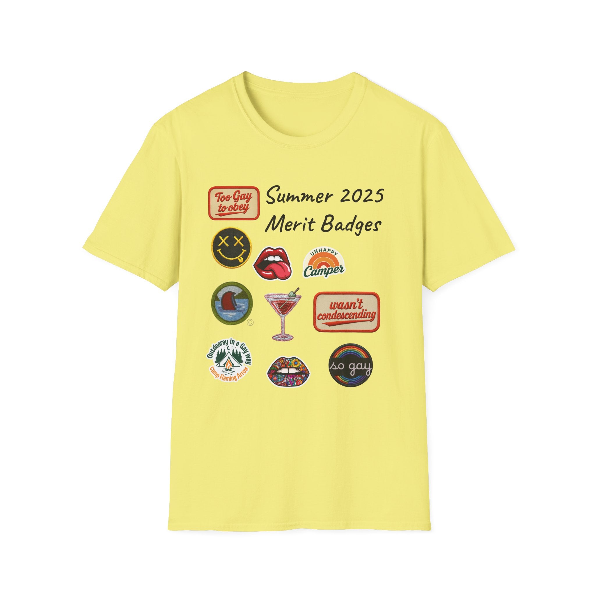 Summer 2025 Merit Badges carnival Unisex Softstyle T-Shirt, Gay Summer Apparel, Camp Vibes Tee, Unique Gifts, Casual Wear for Parties