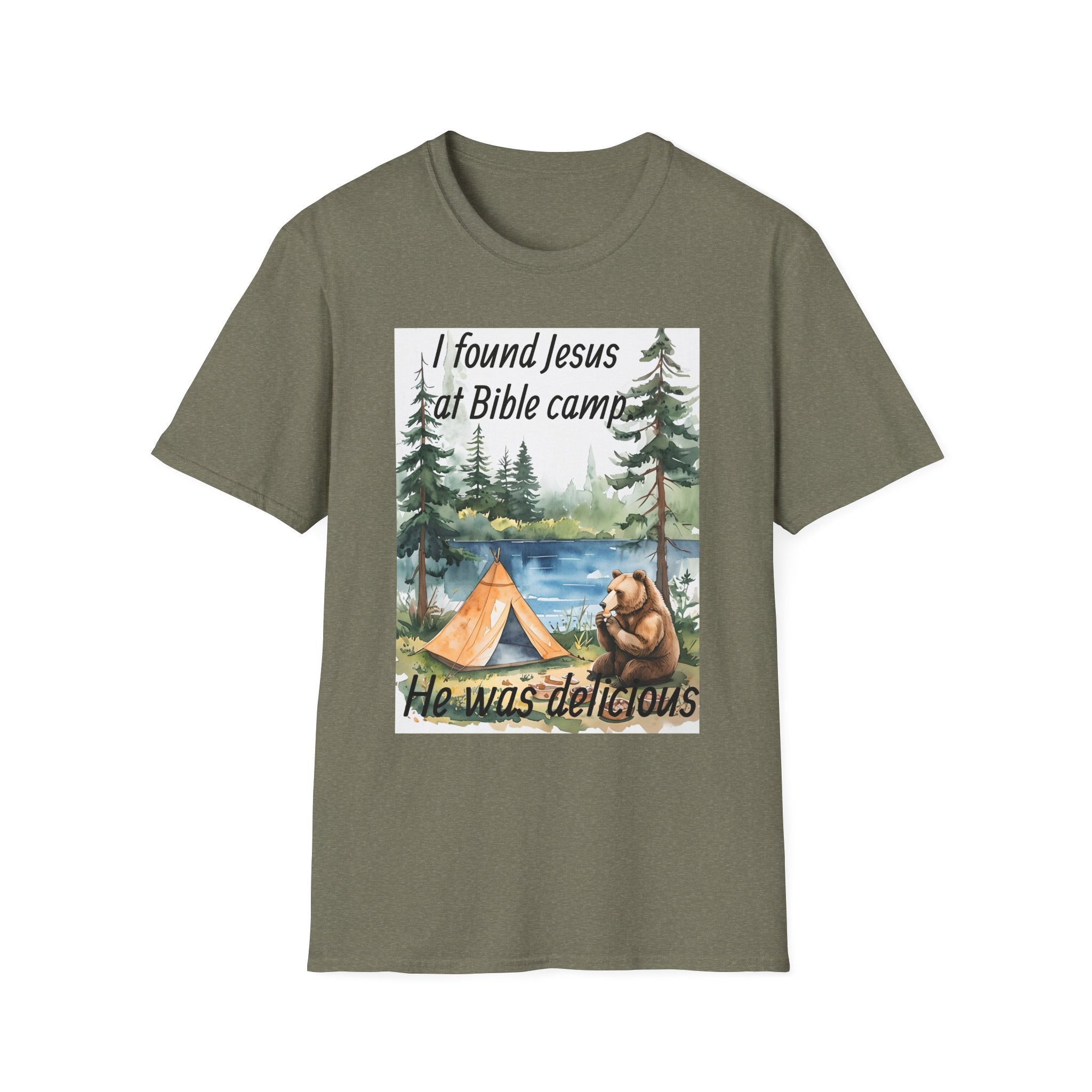 Funny Tee, Religious Camp Tshirt, Jesus Lover Shirt, Hilarious Church Gift, Christian Humor Apparel, Faith-Based Clothing camping bear