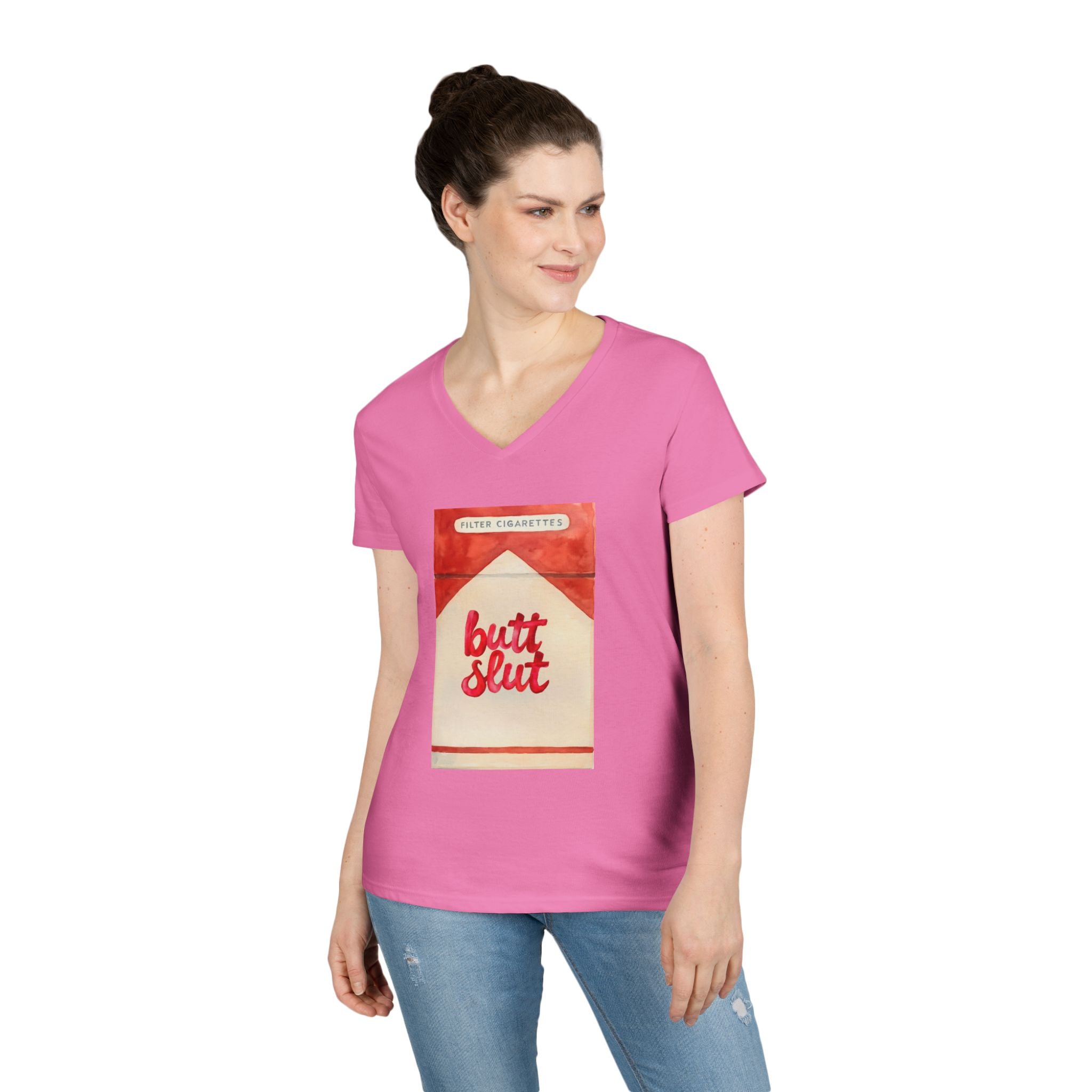 Butt Slut Ladies' V-Neck T-Shirt, Fun Offensive Smokers Shirt, Women's Tee, Rude Graphic Top, V-Neck Short Sleeve Shirt