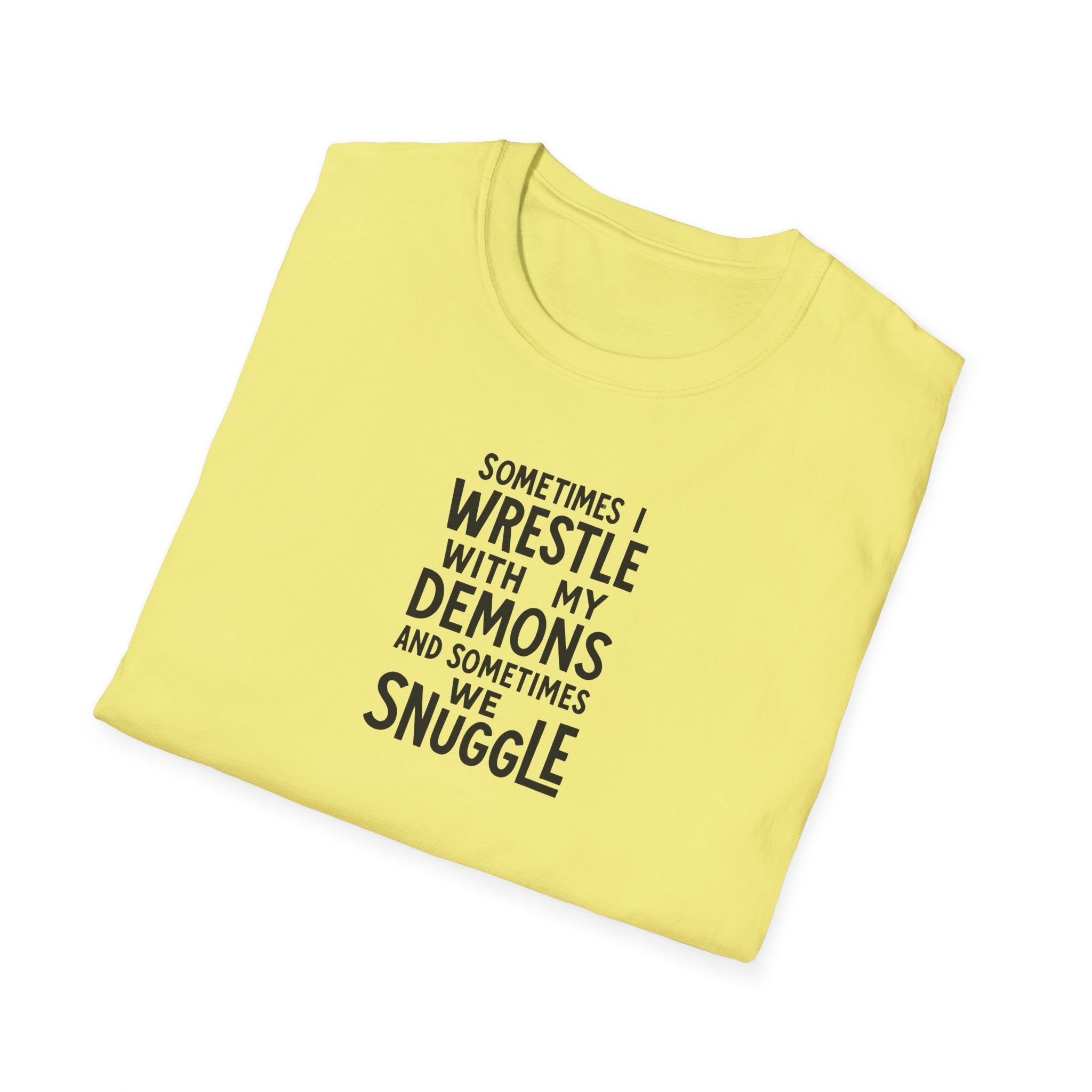 Demon Snuggle Unisex Softstyle T-Shirt, Wrestling Funny Tee, Mental Health Shirt, Graphic Tee, Gift for Him Her
