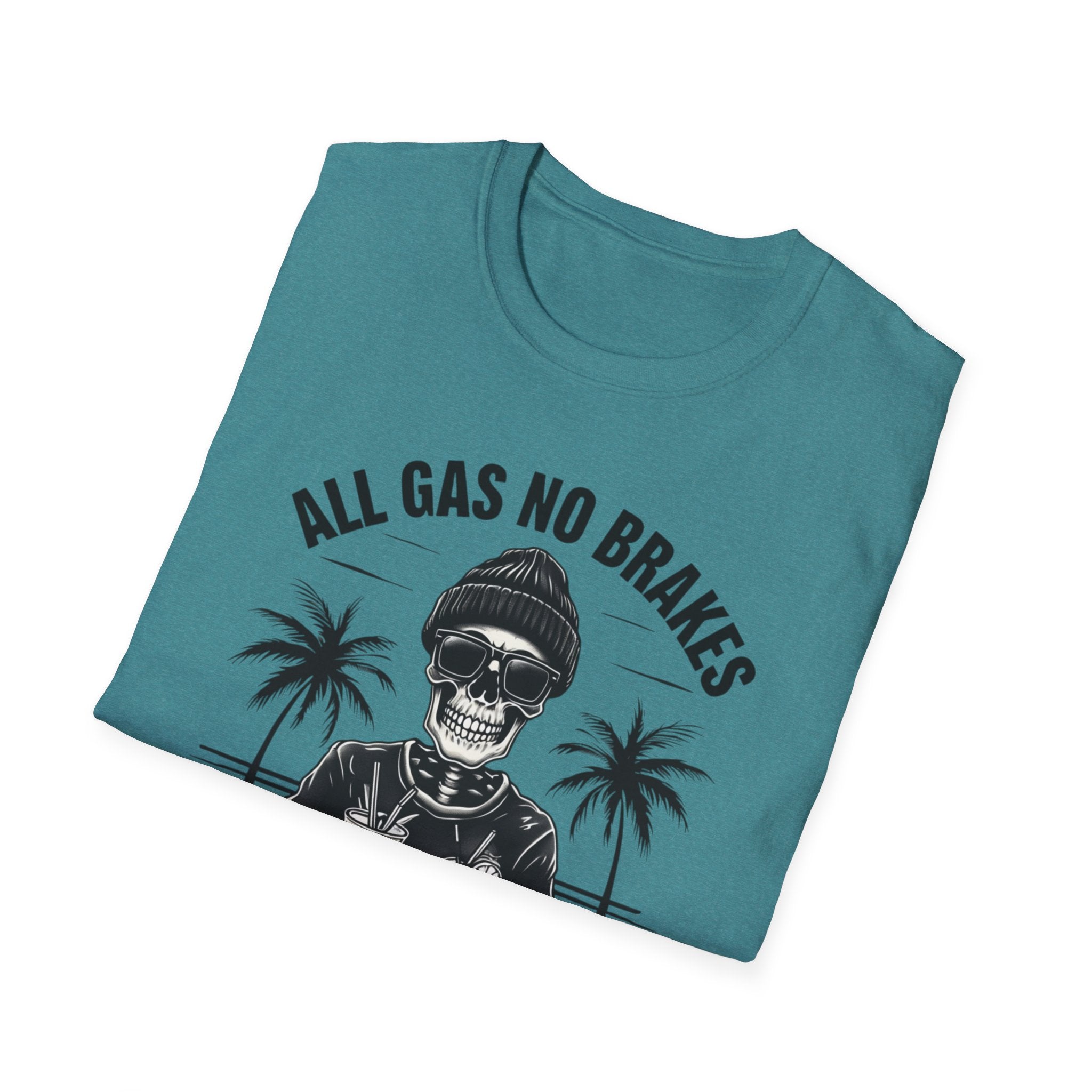 All Gas No Brakes Tee, Beach Party Skull Unisex Softstyle T-Shirt, Summer Skeleton Shirt, Vacation Graphic Top, Surfing Skeleton Apparel
