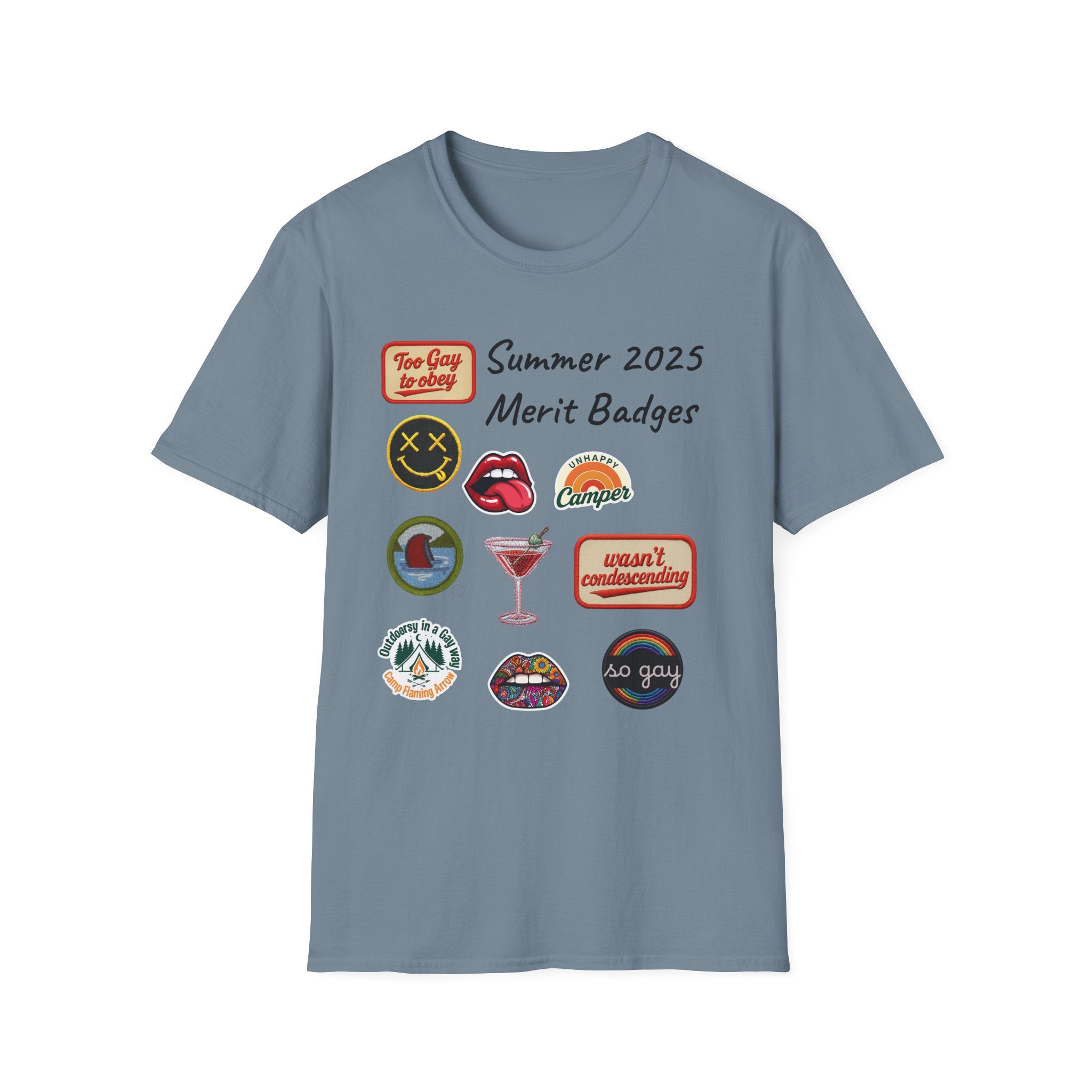 Summer 2025 Merit Badges carnival Unisex Softstyle T-Shirt, Gay Summer Apparel, Camp Vibes Tee, Unique Gifts, Casual Wear for Parties