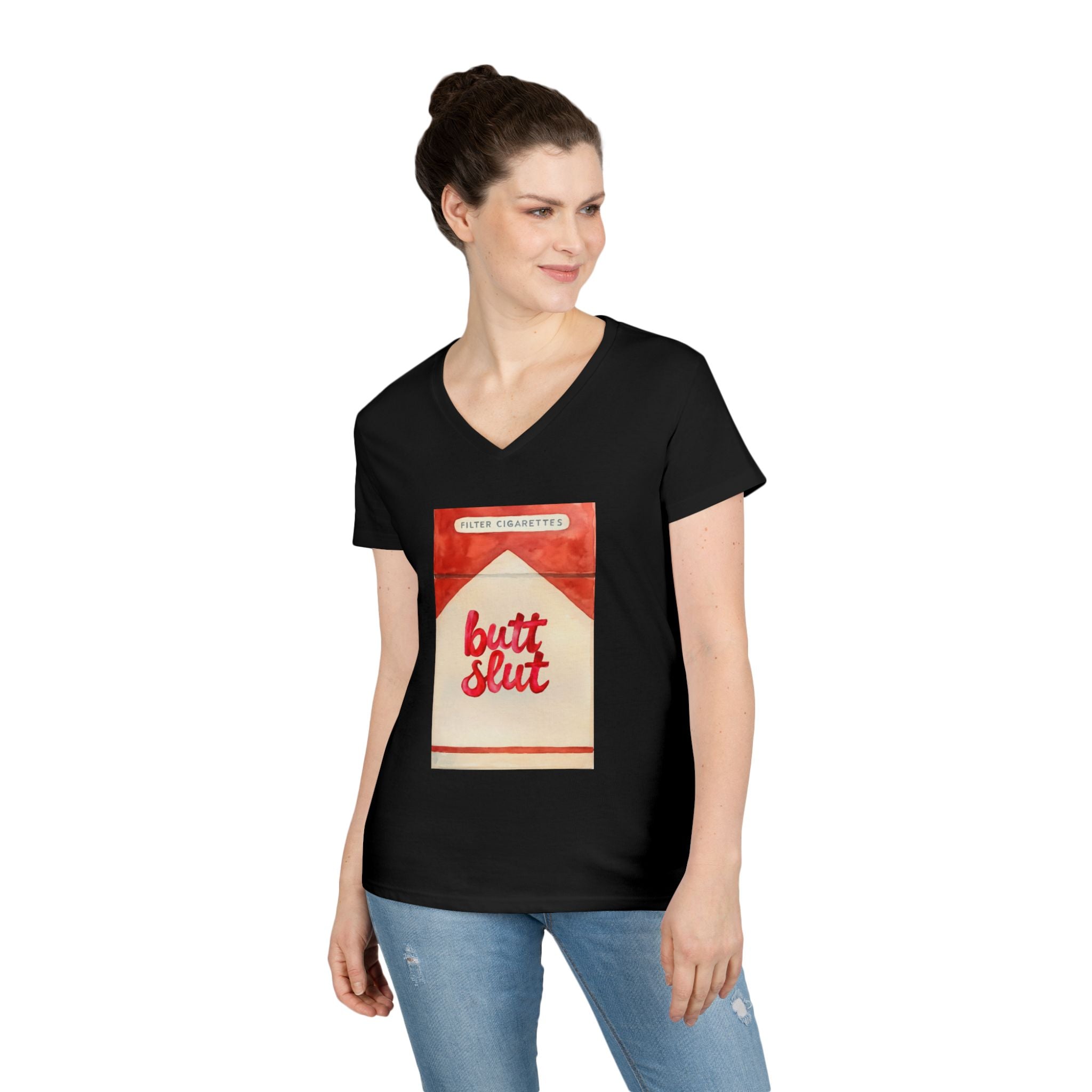 Butt Slut Ladies' V-Neck T-Shirt, Fun Offensive Smokers Shirt, Women's Tee, Rude Graphic Top, V-Neck Short Sleeve Shirt
