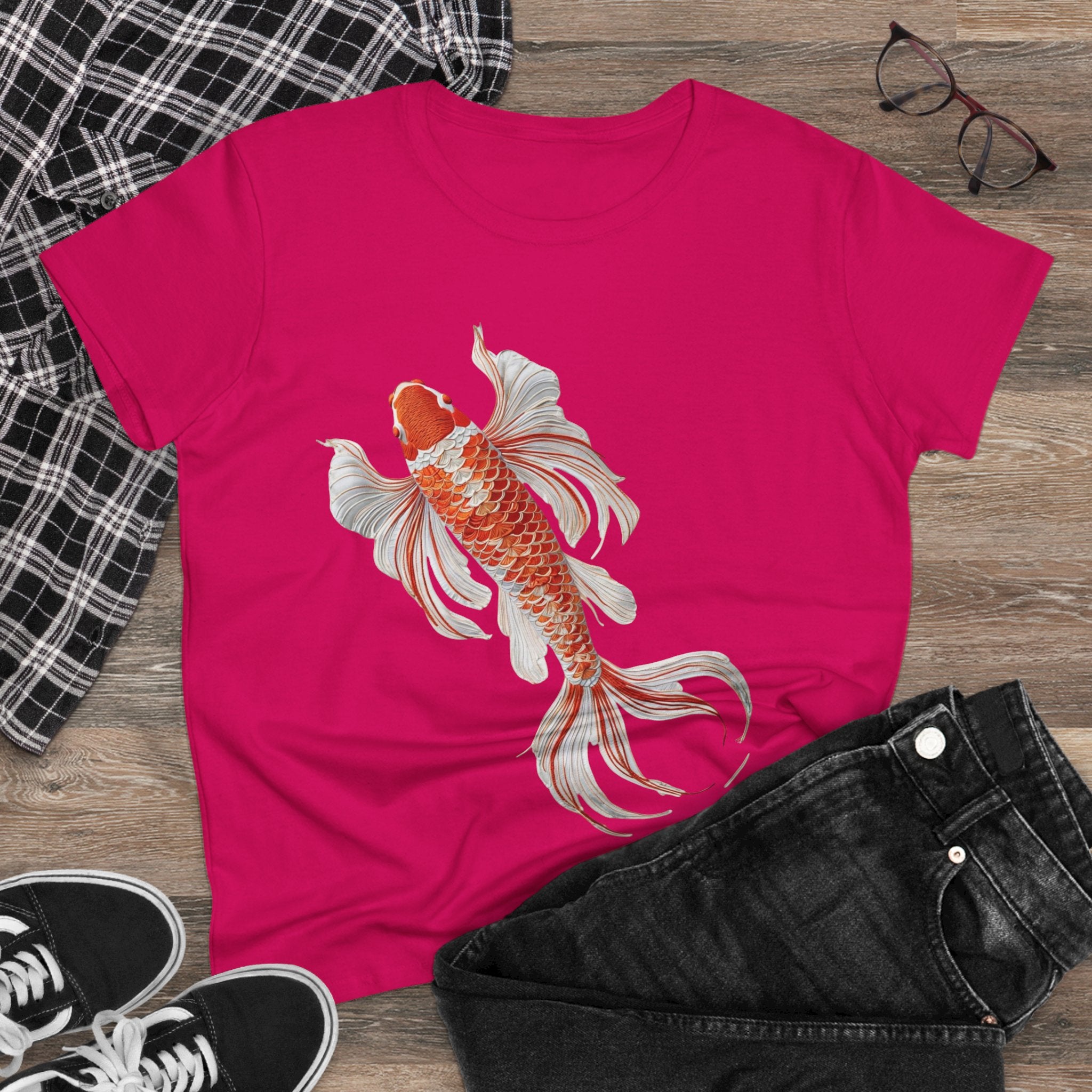 Koi Fish Design Tee for Women, Casual Summer Top, Gift for Nature Lovers, Artistic Cotton Shirt, Ocean Vibe Tee, Everyday Wear