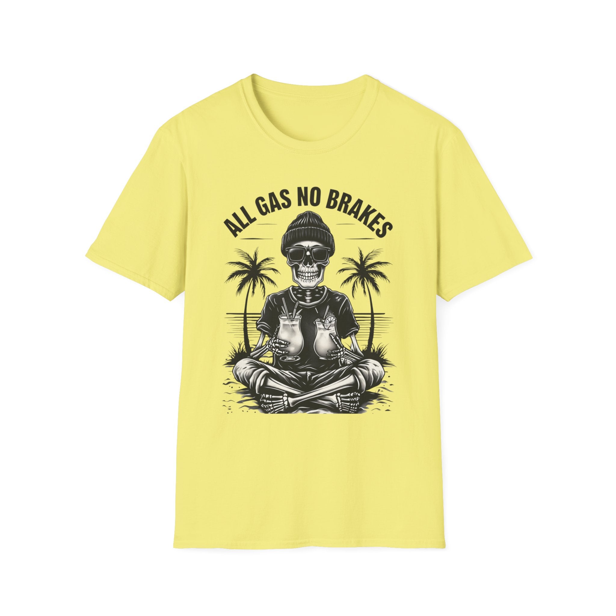 All Gas No Brakes Tee, Beach Party Skull Unisex Softstyle T-Shirt, Summer Skeleton Shirt, Vacation Graphic Top, Surfing Skeleton Apparel