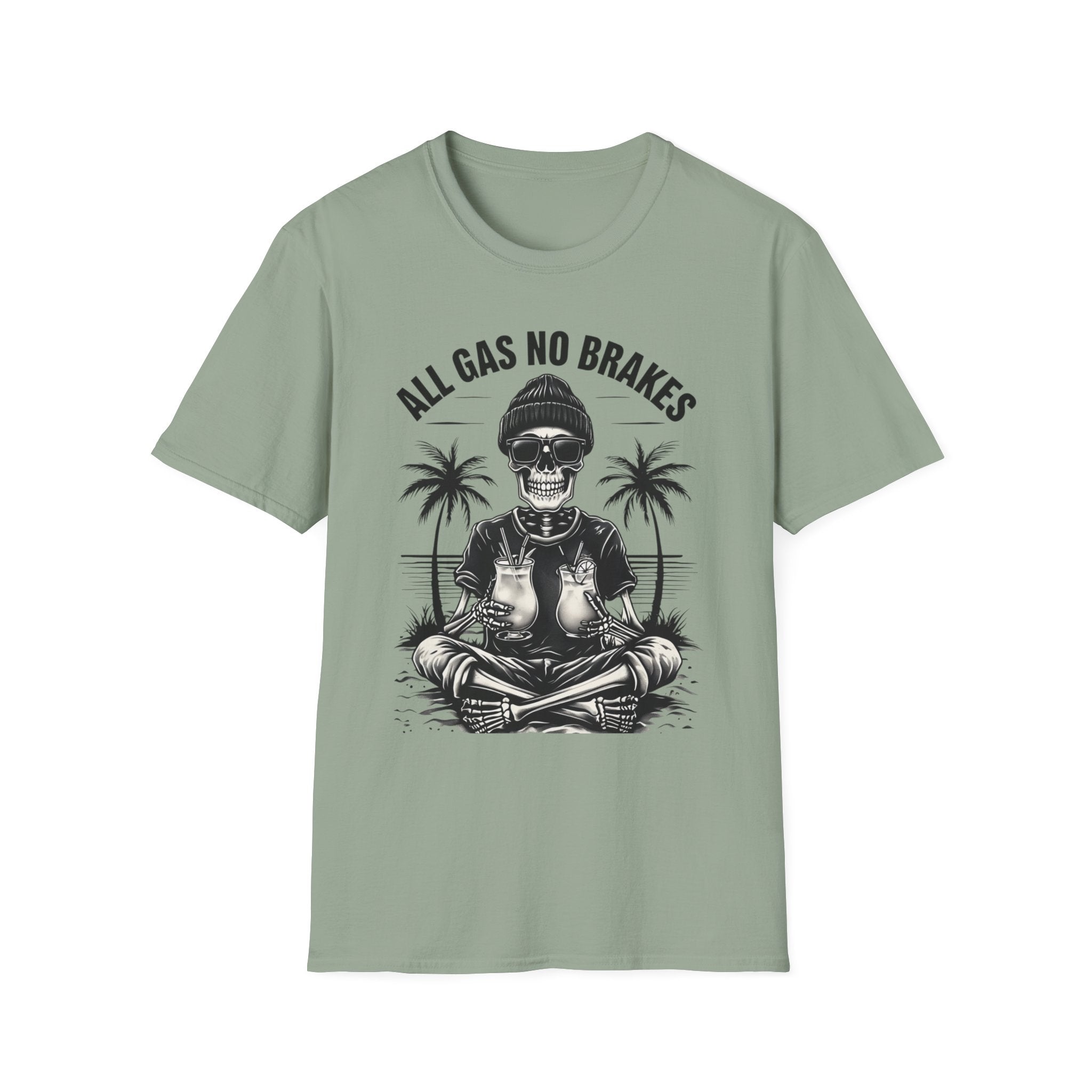 All Gas No Brakes Tee, Beach Party Skull Unisex Softstyle T-Shirt, Summer Skeleton Shirt, Vacation Graphic Top, Surfing Skeleton Apparel