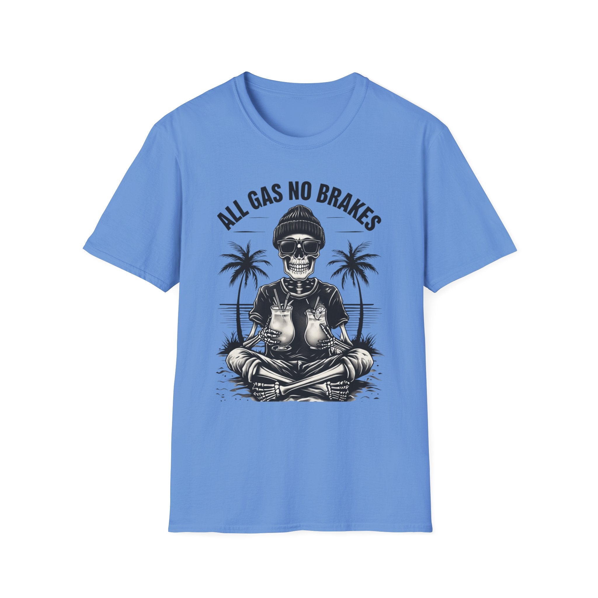 All Gas No Brakes Tee, Beach Party Skull Unisex Softstyle T-Shirt, Summer Skeleton Shirt, Vacation Graphic Top, Surfing Skeleton Apparel