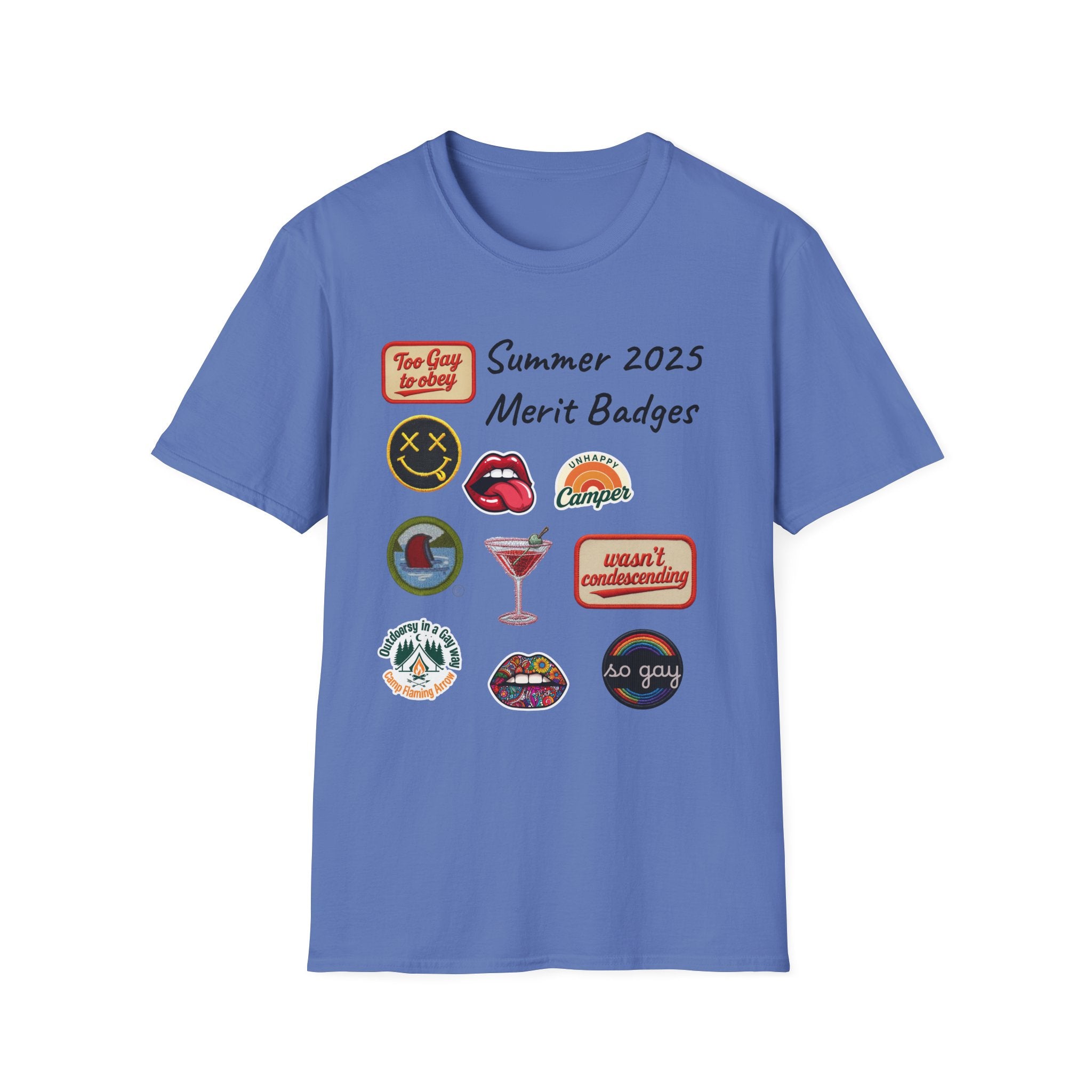 Summer 2025 Merit Badges carnival Unisex Softstyle T-Shirt, Gay Summer Apparel, Camp Vibes Tee, Unique Gifts, Casual Wear for Parties