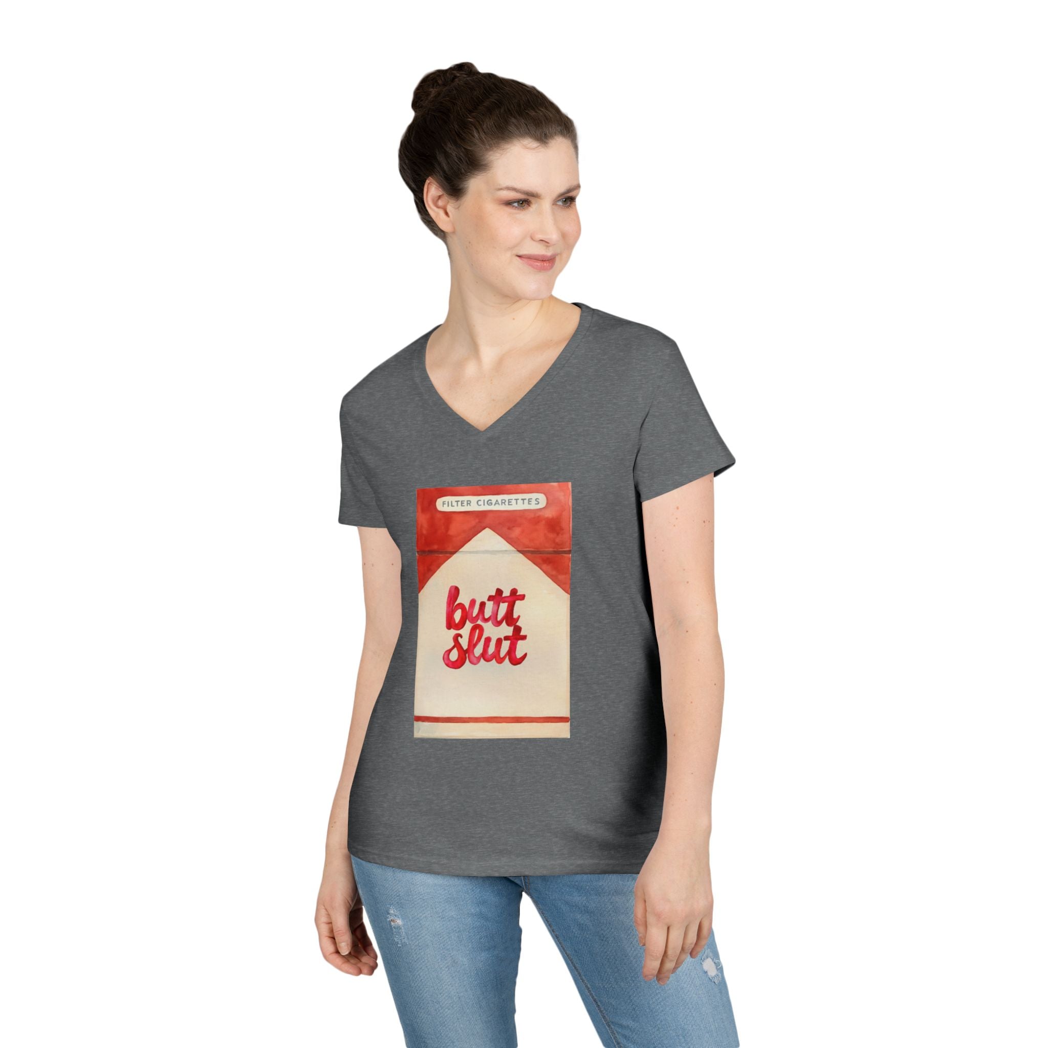 Butt Slut Ladies' V-Neck T-Shirt, Fun Offensive Smokers Shirt, Women's Tee, Rude Graphic Top, V-Neck Short Sleeve Shirt