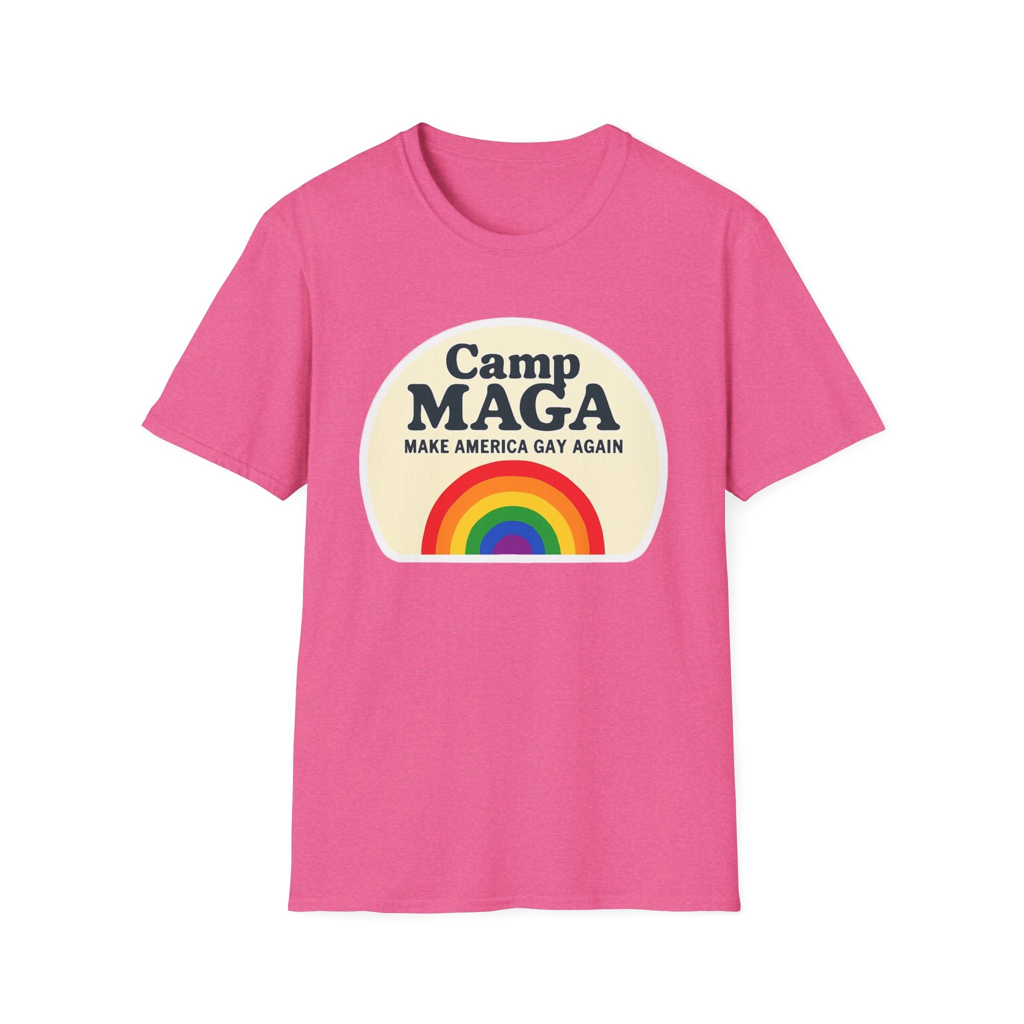 Camp MAGA Rainbow T-Shirt, Carnival Make America Gay Again Pride Tee, LGBTQ Festival Shirt, Unisex Softstyle Top, Patriotic Rainbow Apparel