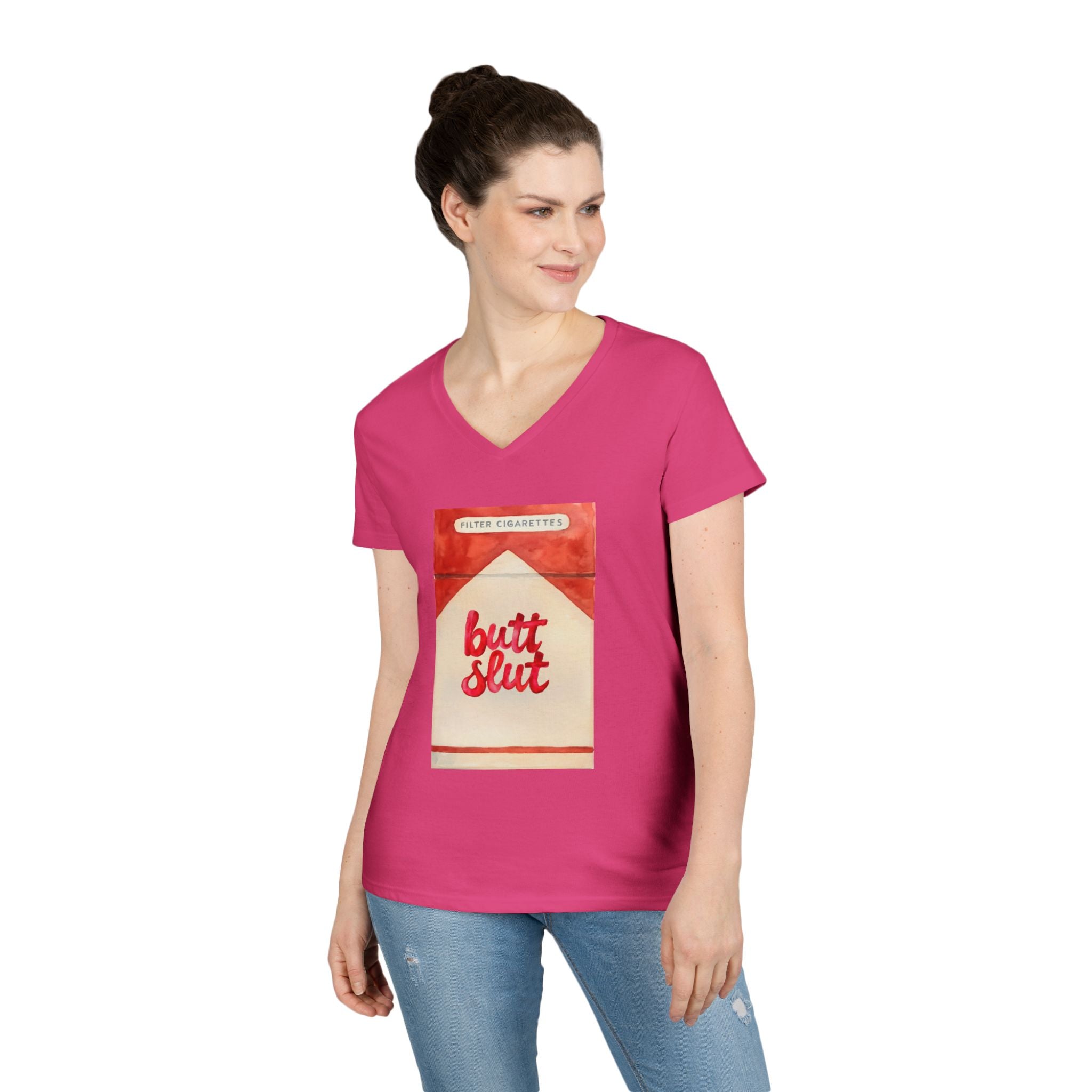 Butt Slut Ladies' V-Neck T-Shirt, Fun Offensive Smokers Shirt, Women's Tee, Rude Graphic Top, V-Neck Short Sleeve Shirt
