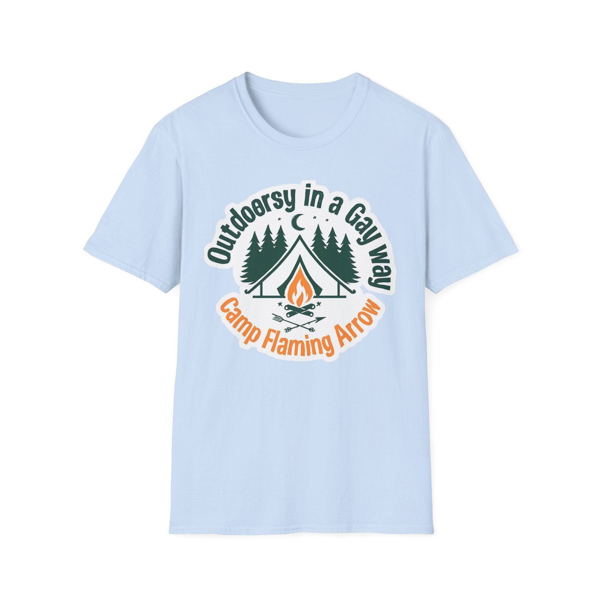 Camp Flaming Arrow Pride T-Shirt, Ptown carnival Gay Outdoorsy in a gay way, LGBTQ+ Camping Gear, Summer Festival Top, Unisex Graphic Tee