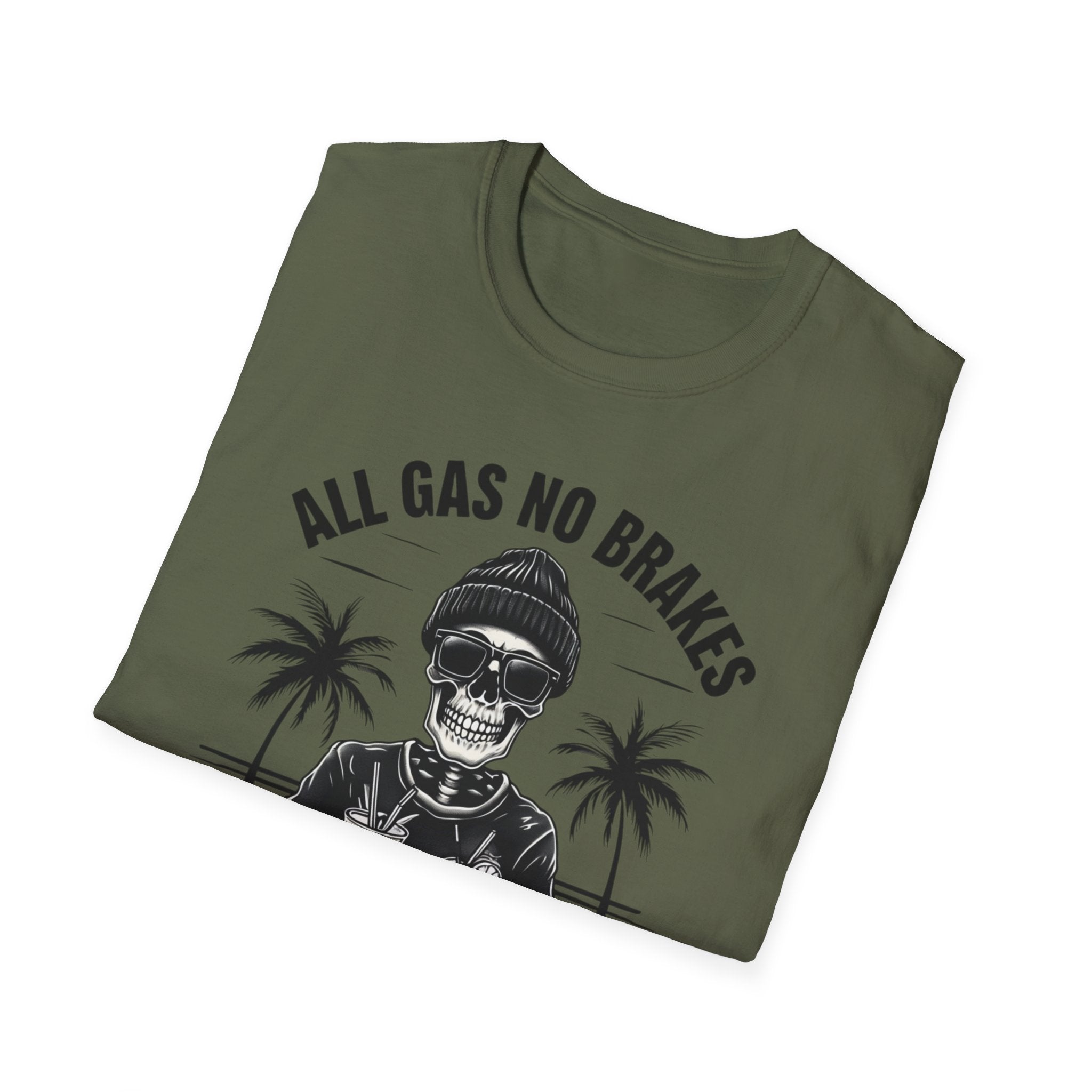All Gas No Brakes Tee, Beach Party Skull Unisex Softstyle T-Shirt, Summer Skeleton Shirt, Vacation Graphic Top, Surfing Skeleton Apparel