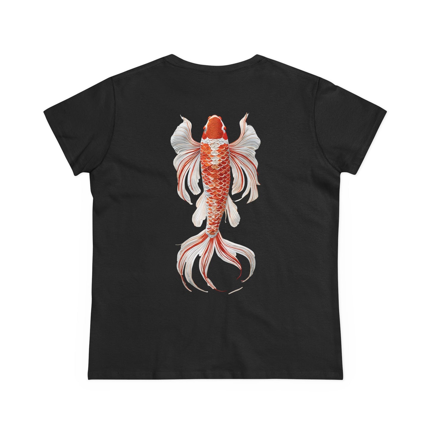 Artistic Goldfish Graphic Women's Midweight Cotton Tee koi On back of tee