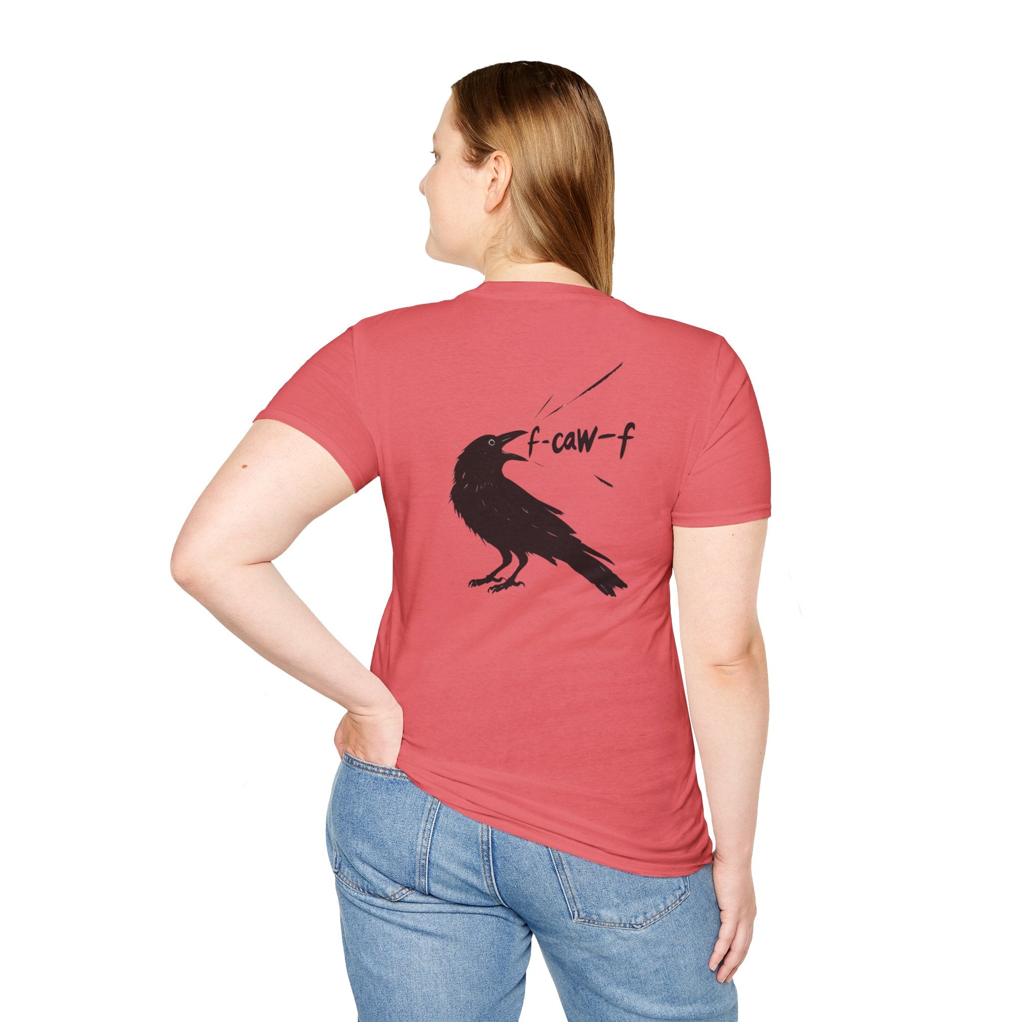 F Off Crow Bird Lover back of shirt design Unisex Softstyle T-Shirt, Sarcastic Graphic Tee for Bird Enthusiasts, F Off Tee, Unique Gift, F-Caw-F Christmas gift