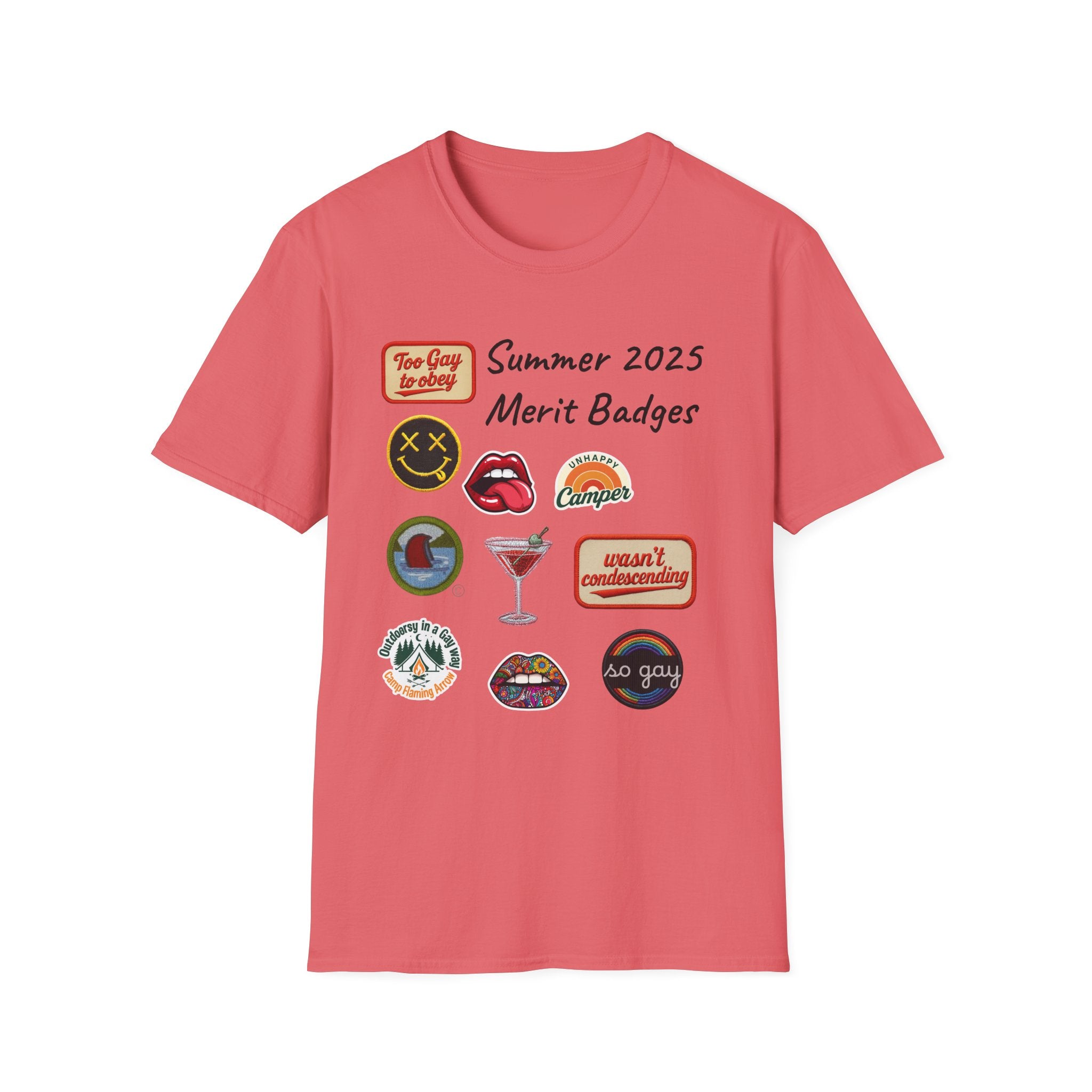 Summer 2025 Merit Badges carnival Unisex Softstyle T-Shirt, Gay Summer Apparel, Camp Vibes Tee, Unique Gifts, Casual Wear for Parties