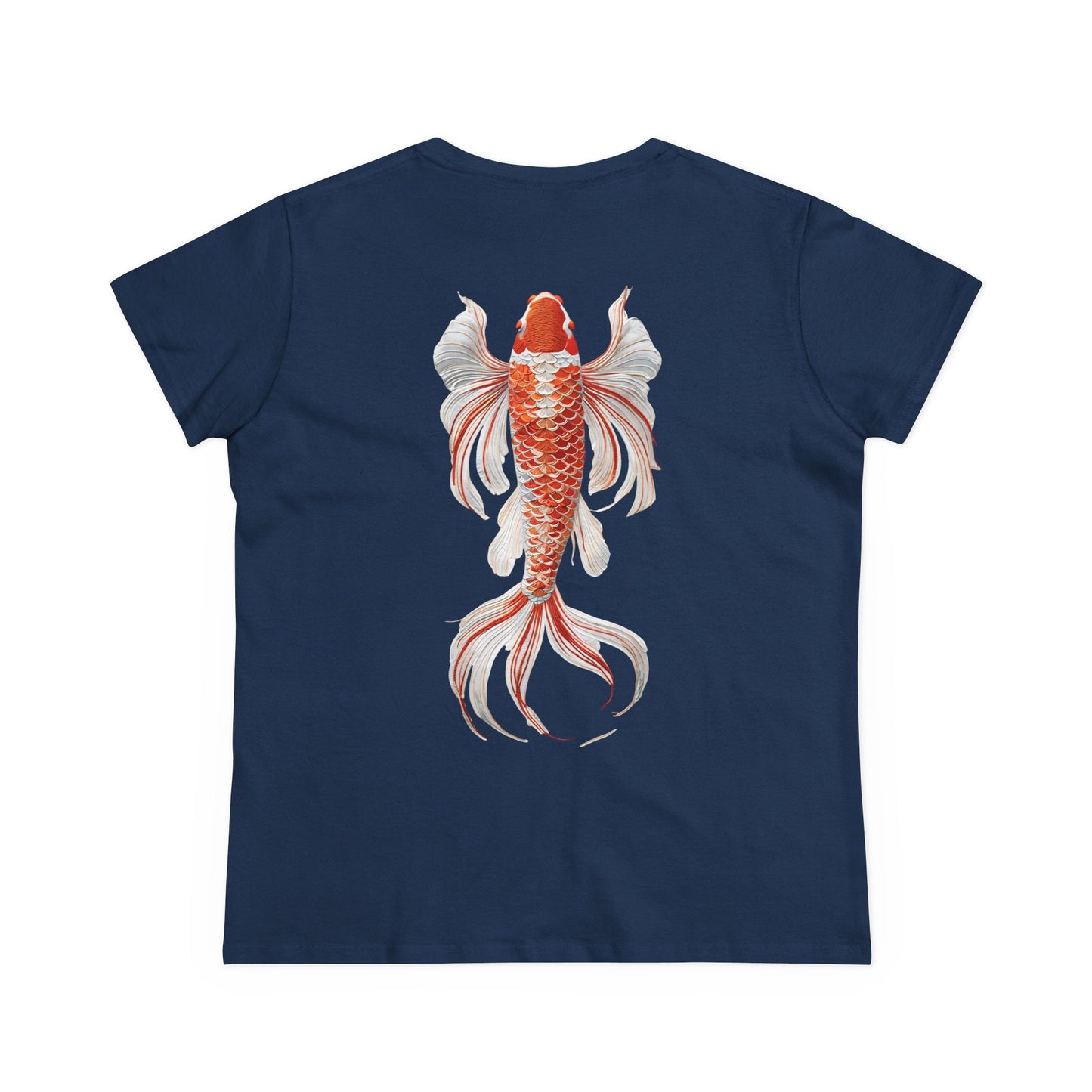 Artistic Goldfish Graphic Women's Midweight Cotton Tee koi On back of tee