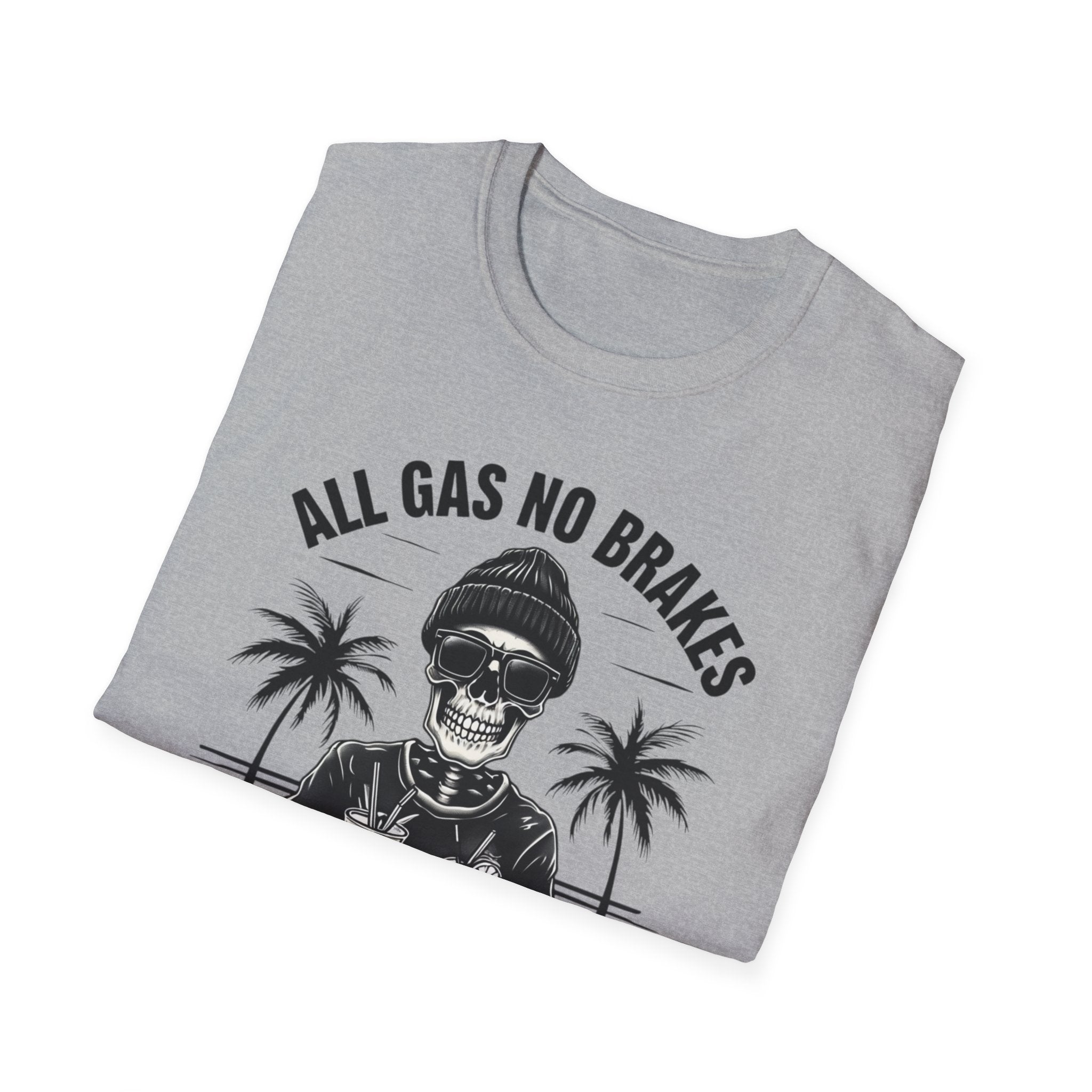 All Gas No Brakes Tee, Beach Party Skull Unisex Softstyle T-Shirt, Summer Skeleton Shirt, Vacation Graphic Top, Surfing Skeleton Apparel