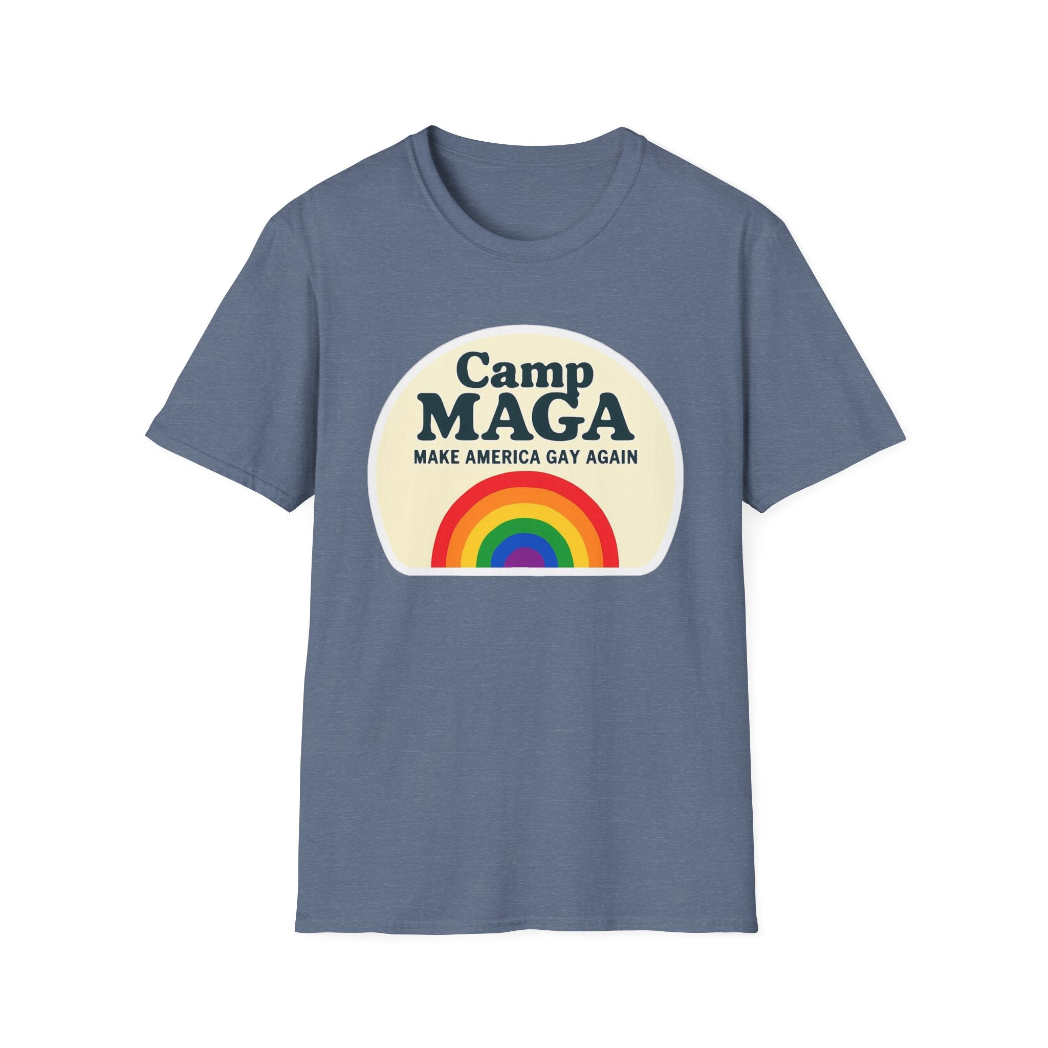 Camp MAGA Rainbow T-Shirt, Carnival Make America Gay Again Pride Tee, LGBTQ Festival Shirt, Unisex Softstyle Top, Patriotic Rainbow Apparel