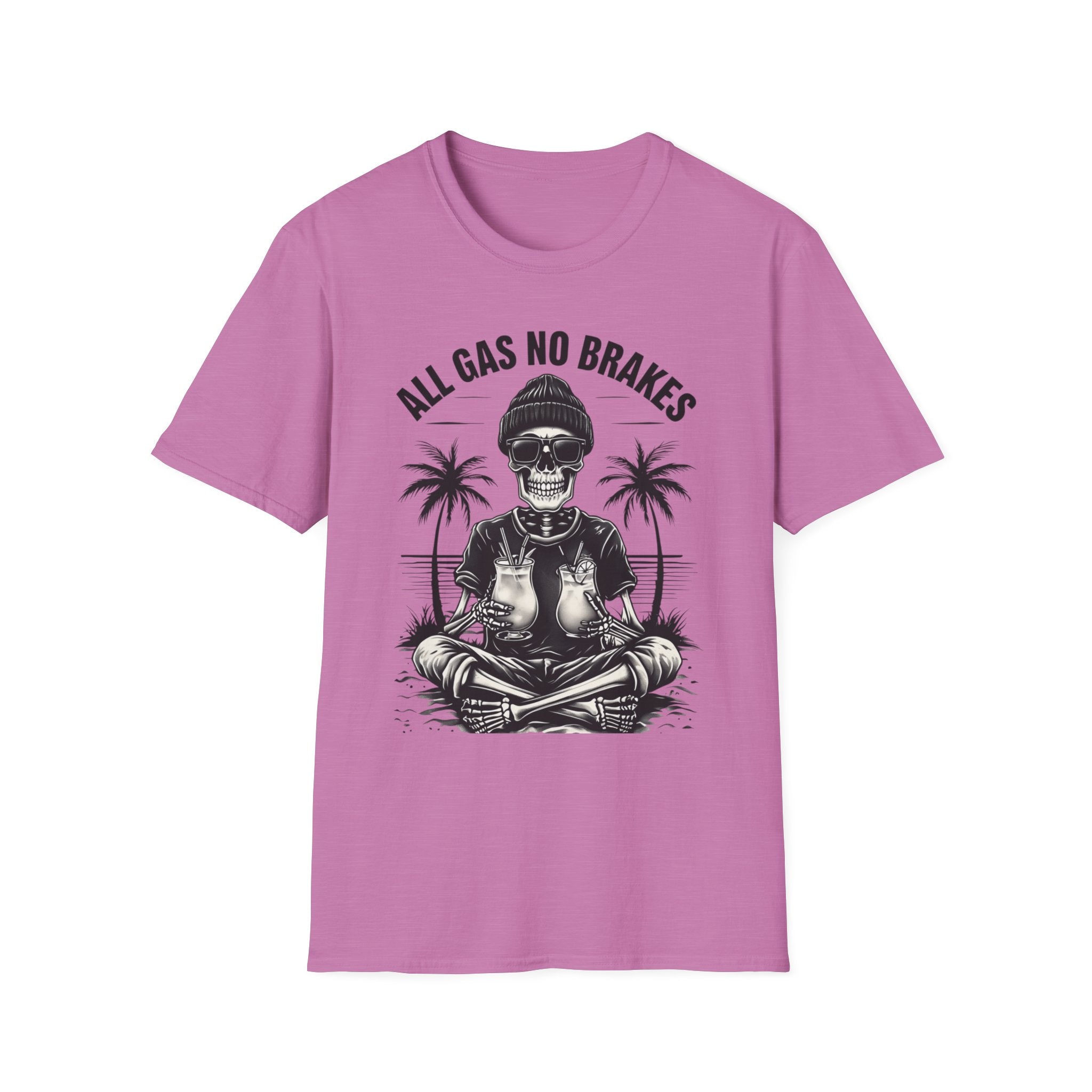 All Gas No Brakes Tee, Beach Party Skull Unisex Softstyle T-Shirt, Summer Skeleton Shirt, Vacation Graphic Top, Surfing Skeleton Apparel
