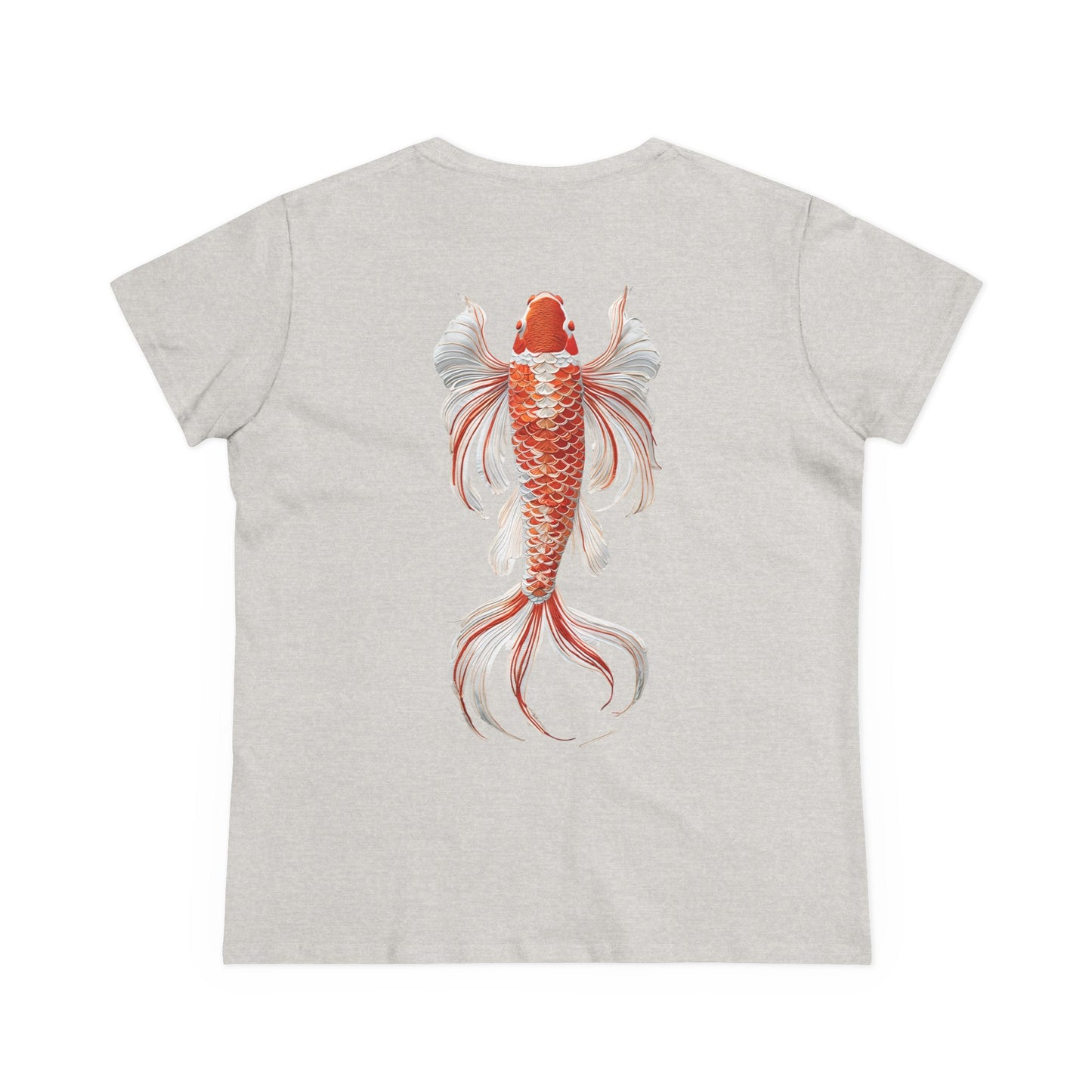 Artistic Goldfish Graphic Women's Midweight Cotton Tee koi On back of tee