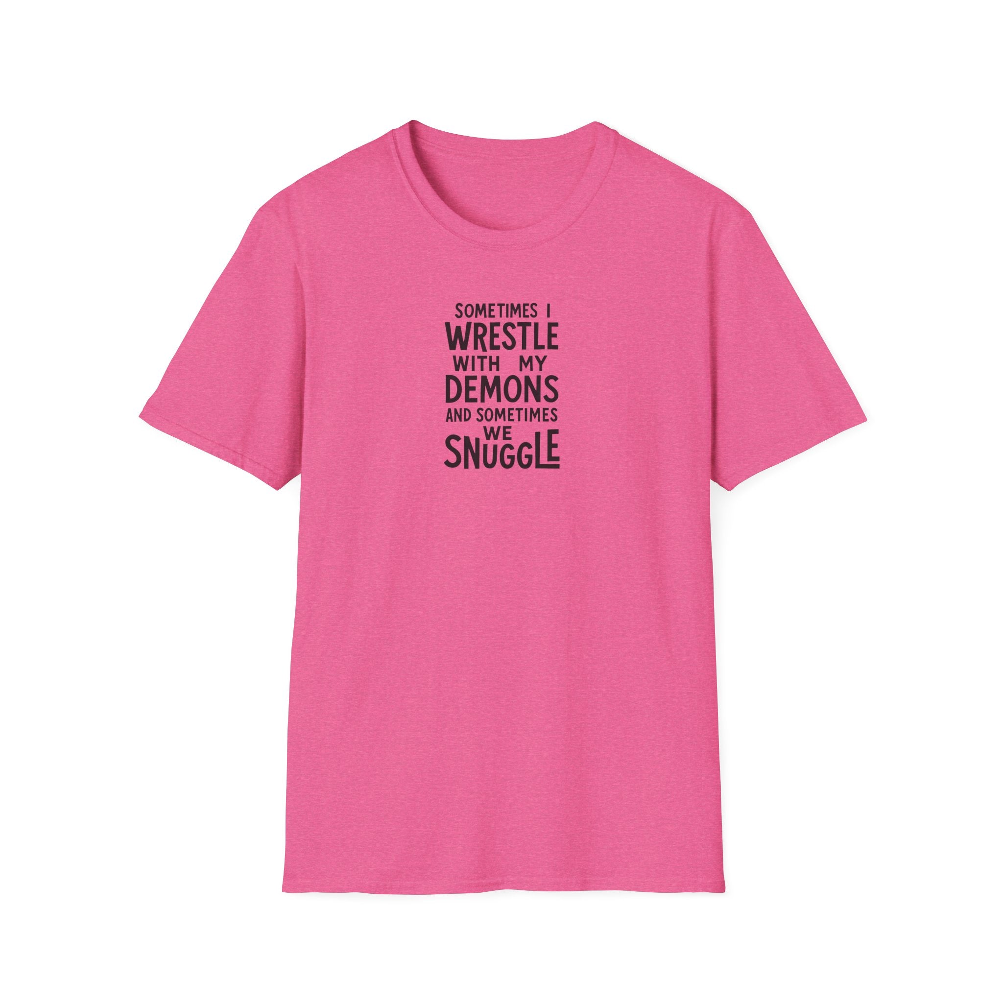 Demon Snuggle Unisex Softstyle T-Shirt, Wrestling Funny Tee, Mental Health Shirt, Graphic Tee, Gift for Him Her