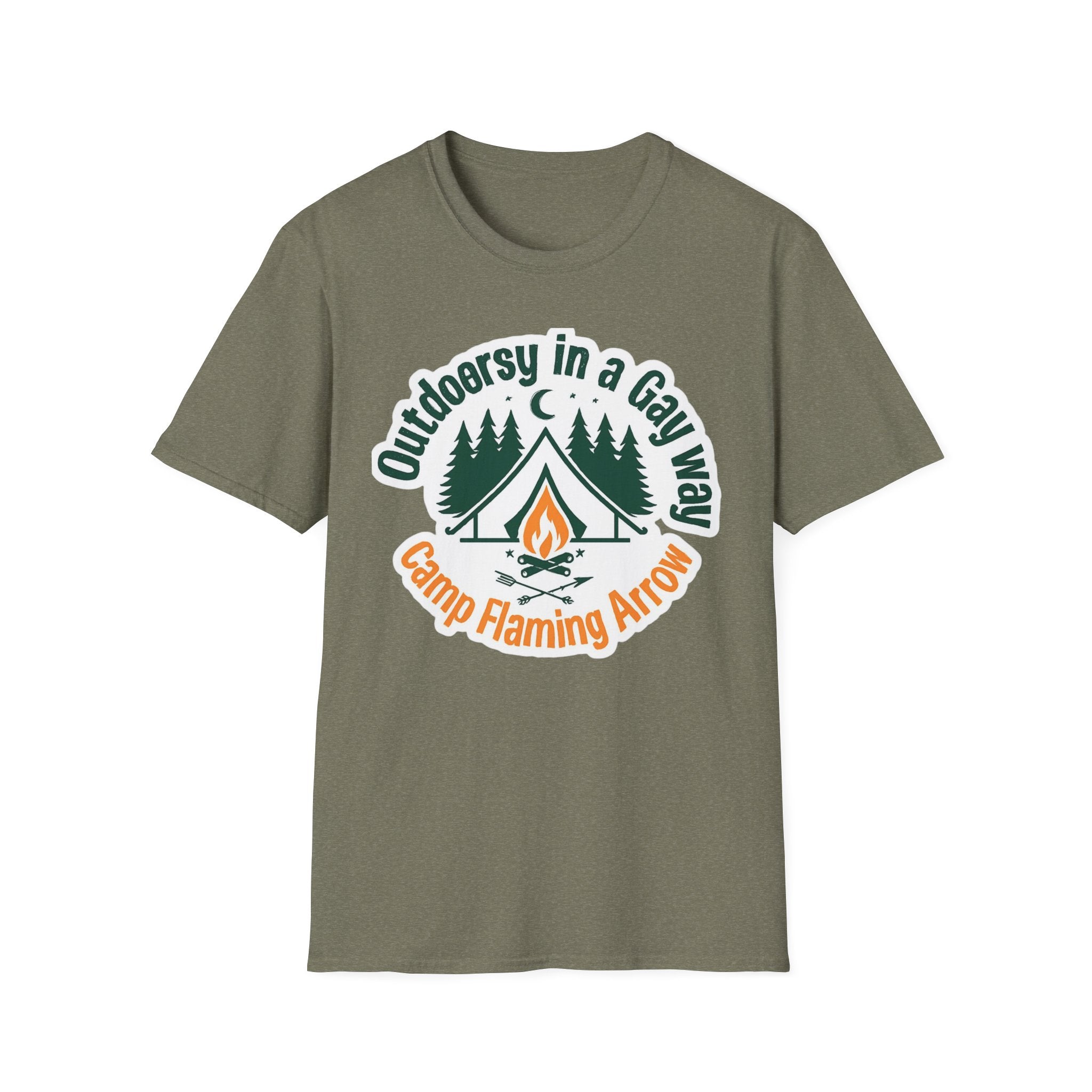 Camp Flaming Arrow Pride T-Shirt, Ptown carnival Gay Outdoorsy in a gay way, LGBTQ+ Camping Gear, Summer Festival Top, Unisex Graphic Tee