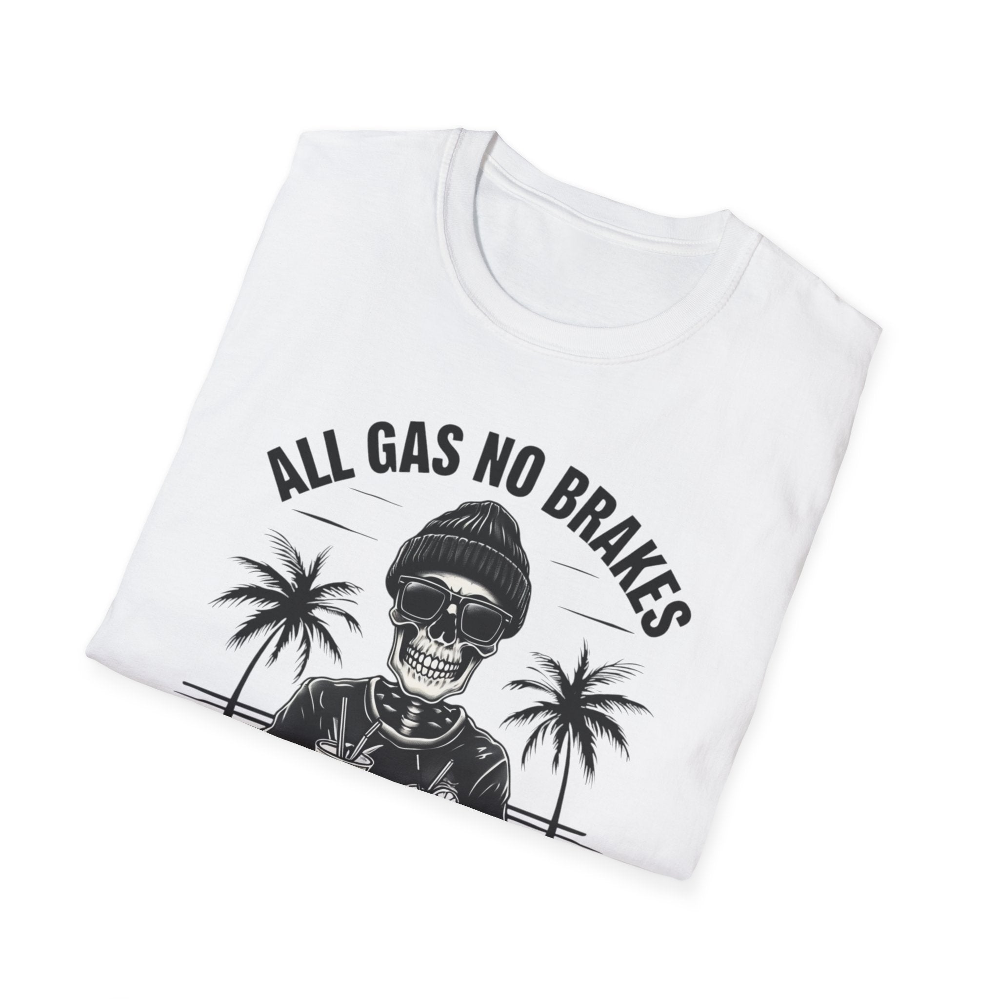 All Gas No Brakes Tee, Beach Party Skull Unisex Softstyle T-Shirt, Summer Skeleton Shirt, Vacation Graphic Top, Surfing Skeleton Apparel