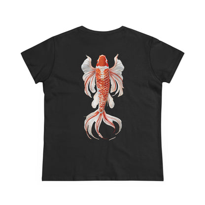 Artistic Goldfish Graphic Women's Midweight Cotton Tee koi On back of tee