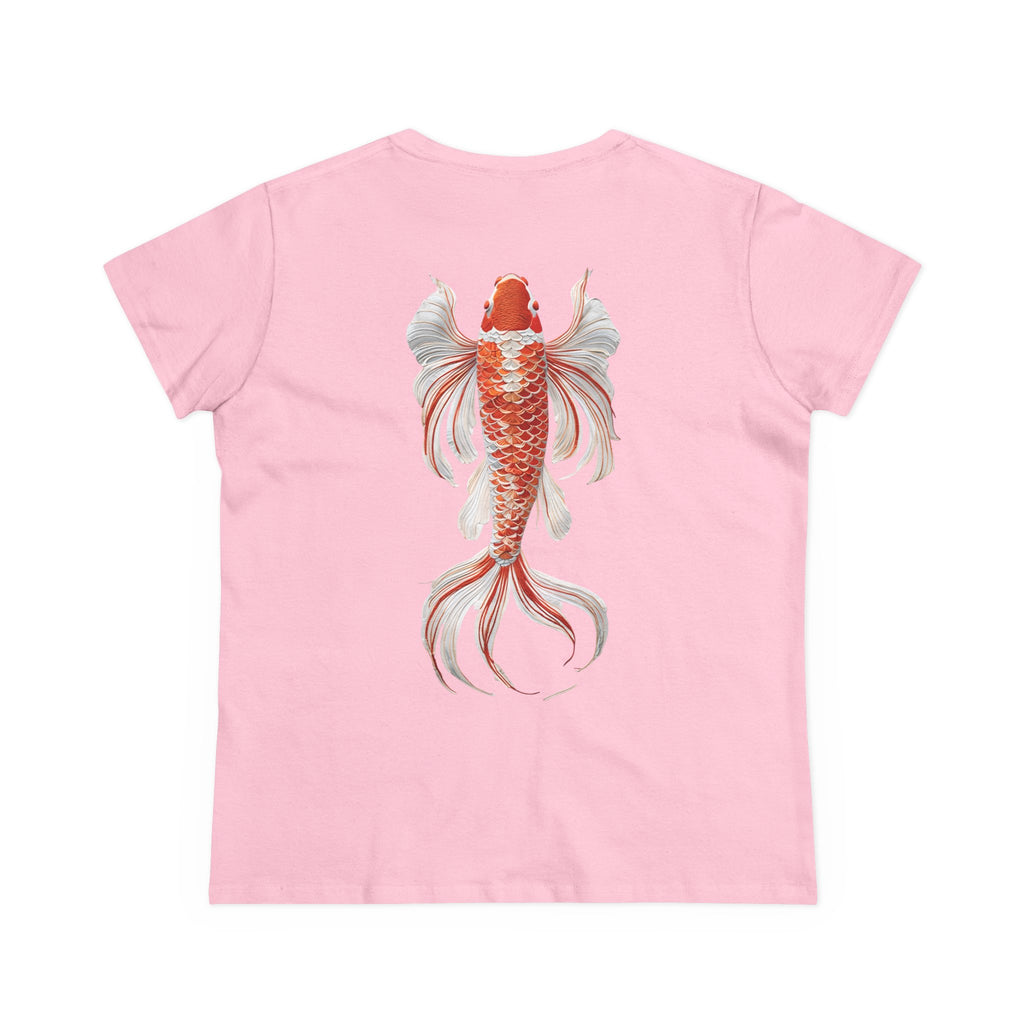 Artistic Goldfish Graphic Women's Midweight Cotton Tee koi On back of tee