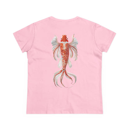 Artistic Goldfish Graphic Women's Midweight Cotton Tee koi On back of tee