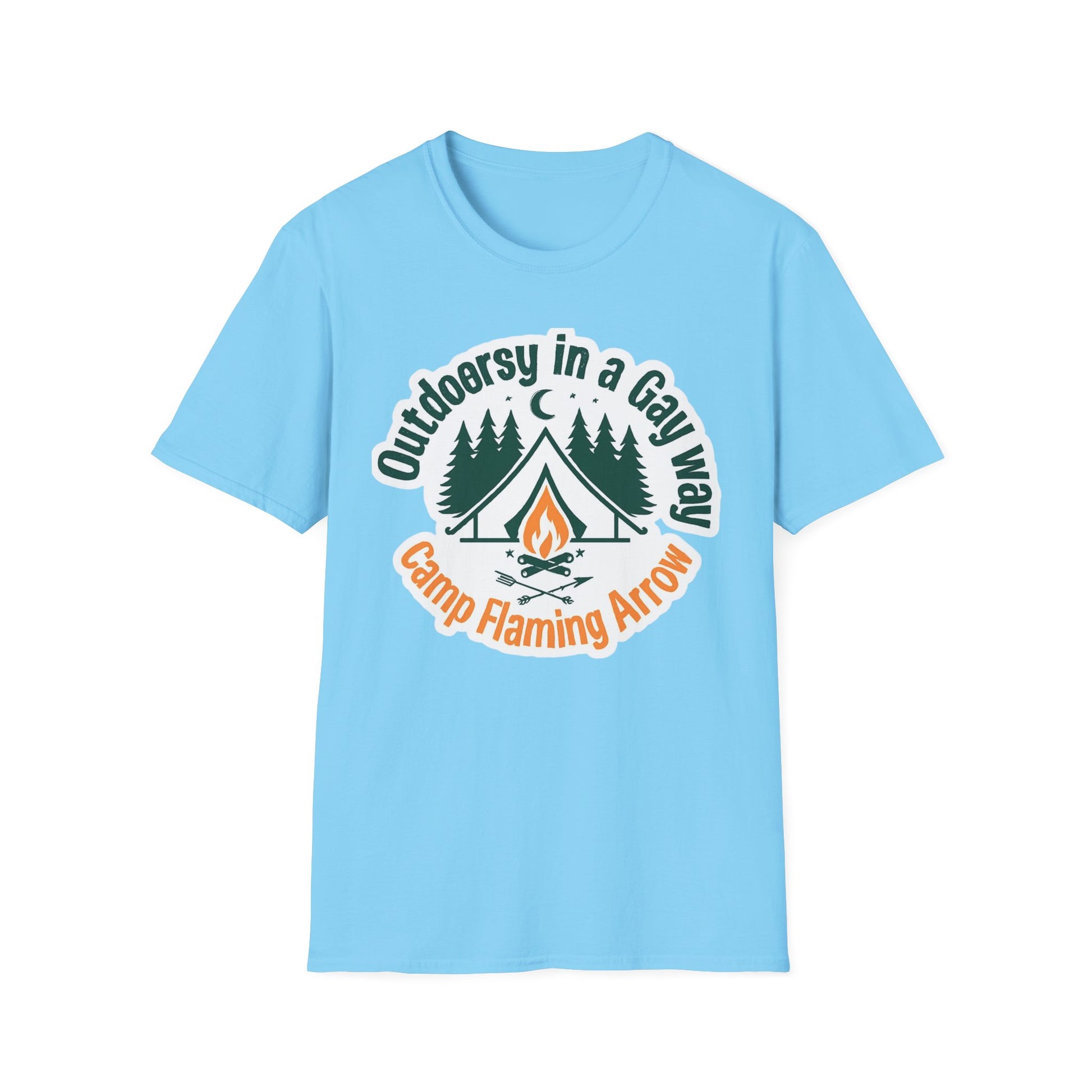 Camp Flaming Arrow Pride T-Shirt, Ptown carnival Gay Outdoorsy in a gay way, LGBTQ+ Camping Gear, Summer Festival Top, Unisex Graphic Tee