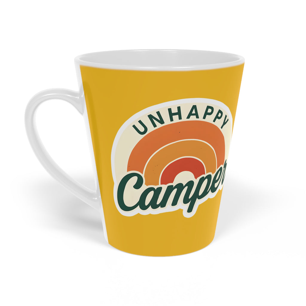 Unhappy Camper Latte Mug, 12oz - Protest Social Justice Cranky Friend Adventure Activist Mug, Protester Gift, Social Justice Advocate Gift,