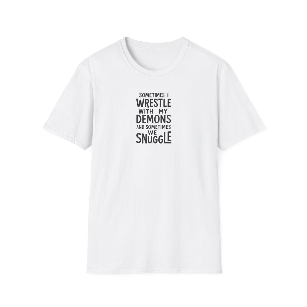 Demon Snuggle Unisex Softstyle T-Shirt, Wrestling Funny Tee, Mental Health Shirt, Graphic Tee, Gift for Him Her
