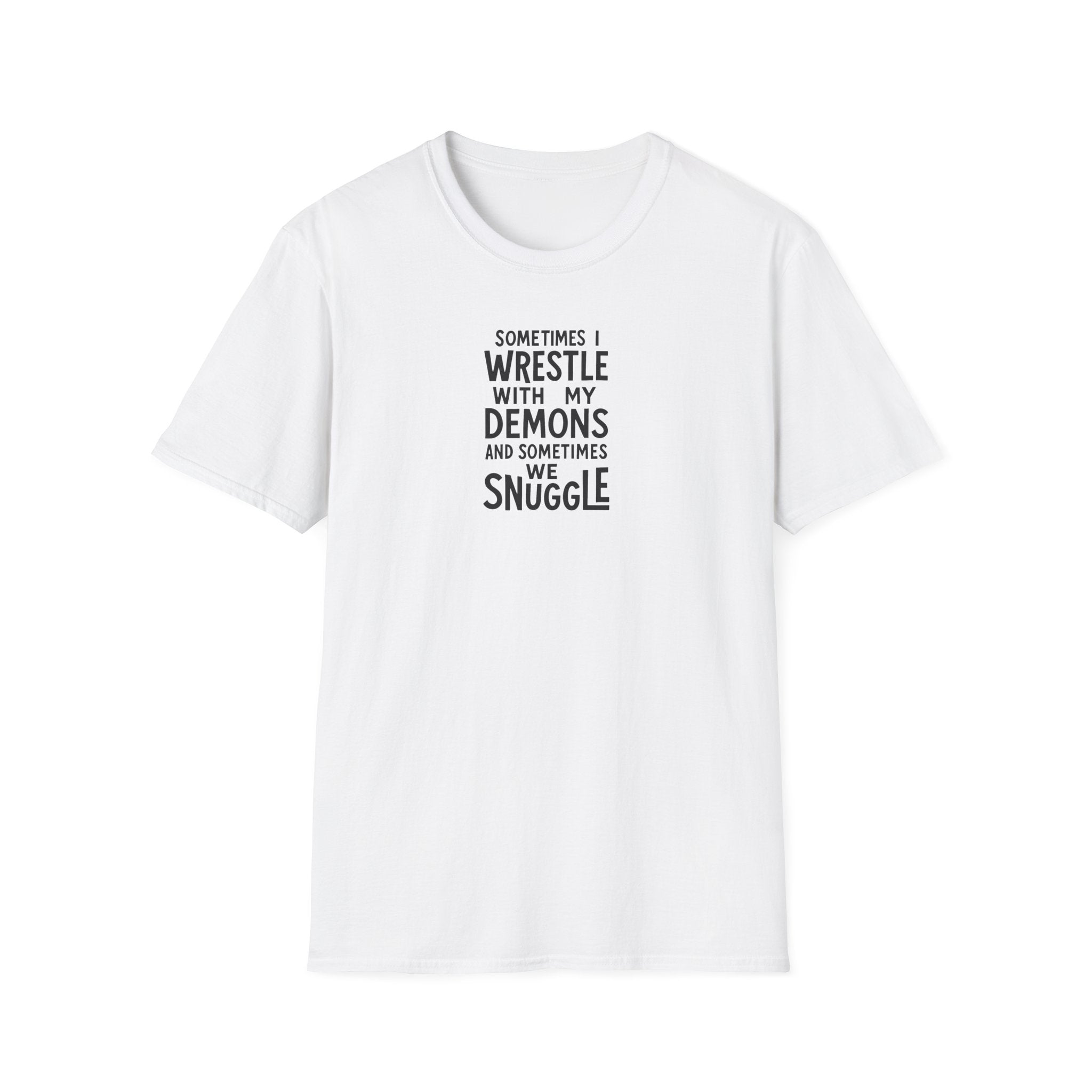 Demon Snuggle Unisex Softstyle T-Shirt, Wrestling Funny Tee, Mental Health Shirt, Graphic Tee, Gift for Him Her