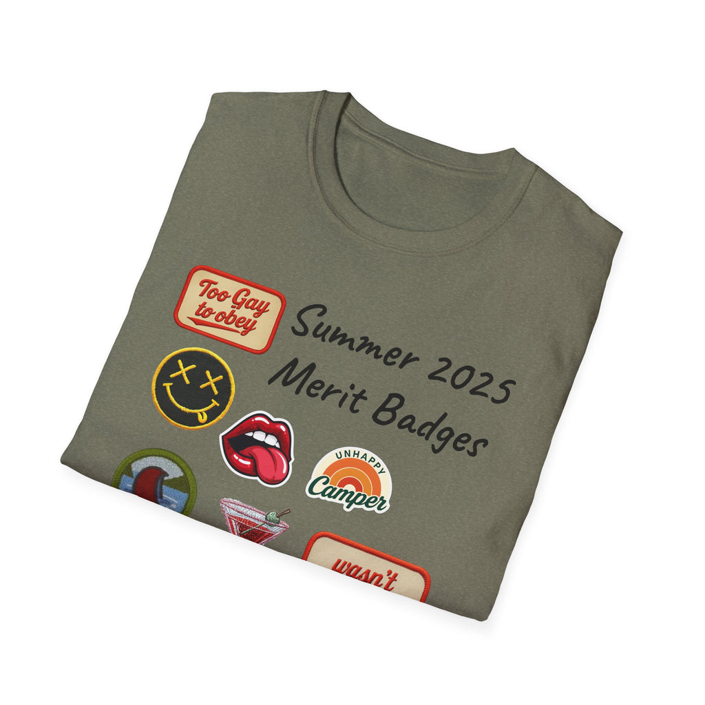 Summer 2025 Merit Badges carnival Unisex Softstyle T-Shirt, Gay Summer Apparel, Camp Vibes Tee, Unique Gifts, Casual Wear for Parties