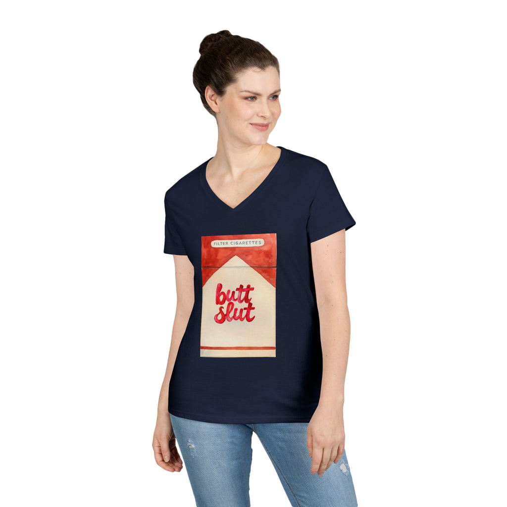 Butt Slut Ladies' V-Neck T-Shirt, Fun Offensive Smokers Shirt, Women's Tee, Rude Graphic Top, V-Neck Short Sleeve Shirt