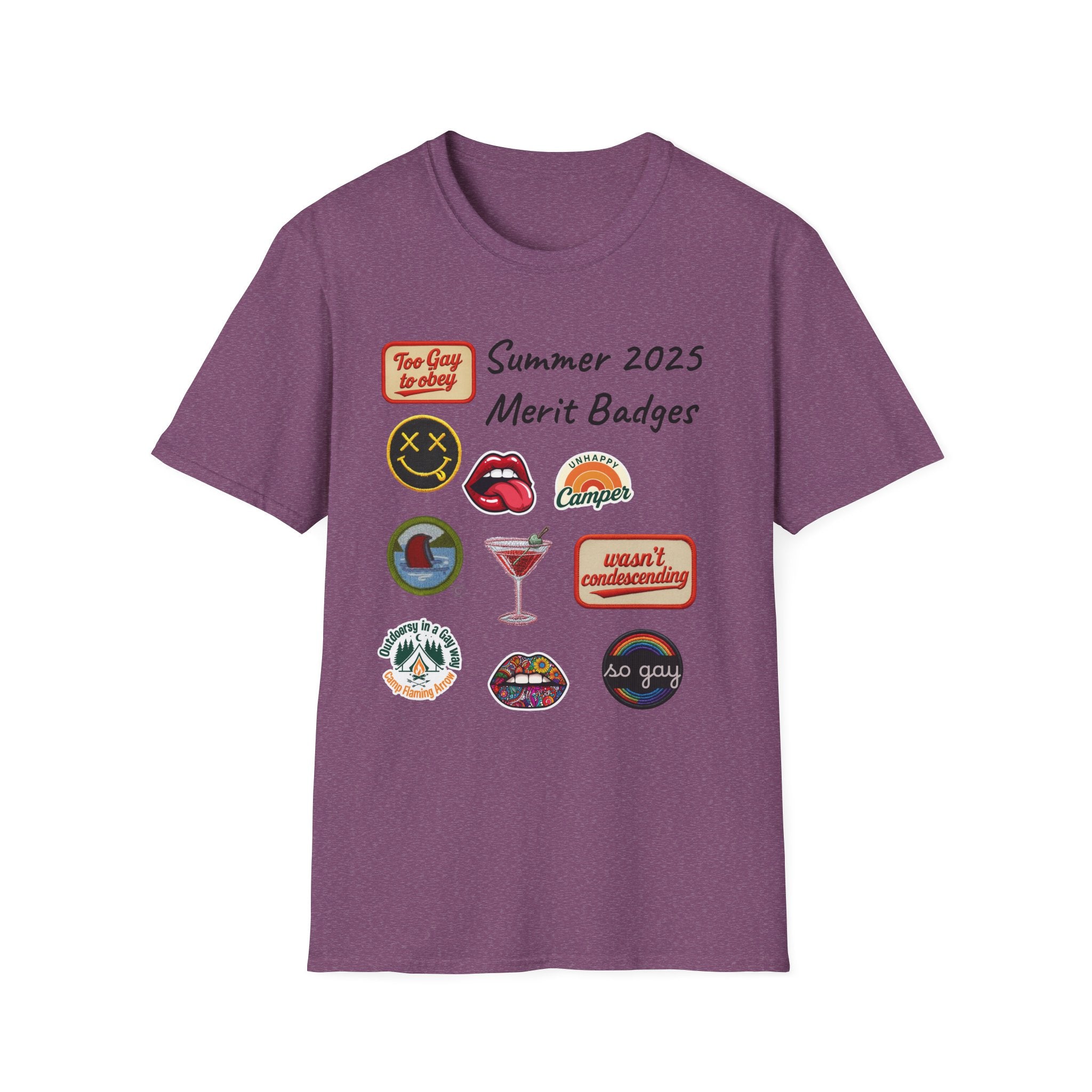 Summer 2025 Merit Badges carnival Unisex Softstyle T-Shirt, Gay Summer Apparel, Camp Vibes Tee, Unique Gifts, Casual Wear for Parties