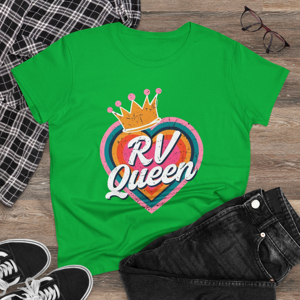 T-Shirt, RV Queen Camping Traveling, Women's Midweight Cotton Tee, Outdoor Adventure Shirt, Camper Life Top, Road Trip Apparel, Campfire