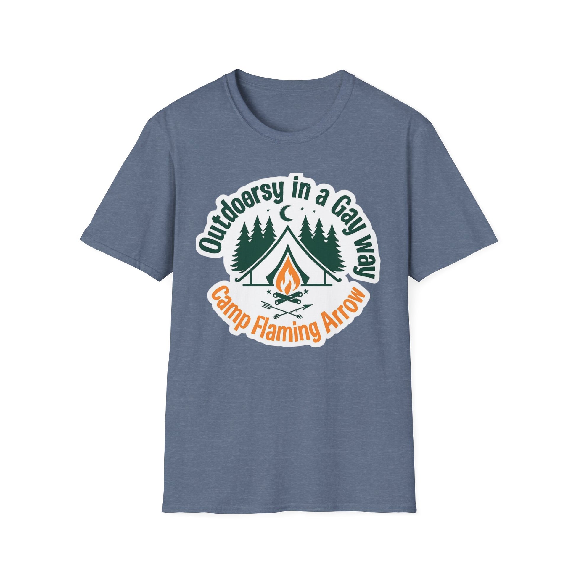 Camp Flaming Arrow Pride T-Shirt, Ptown carnival Gay Outdoorsy in a gay way, LGBTQ+ Camping Gear, Summer Festival Top, Unisex Graphic Tee