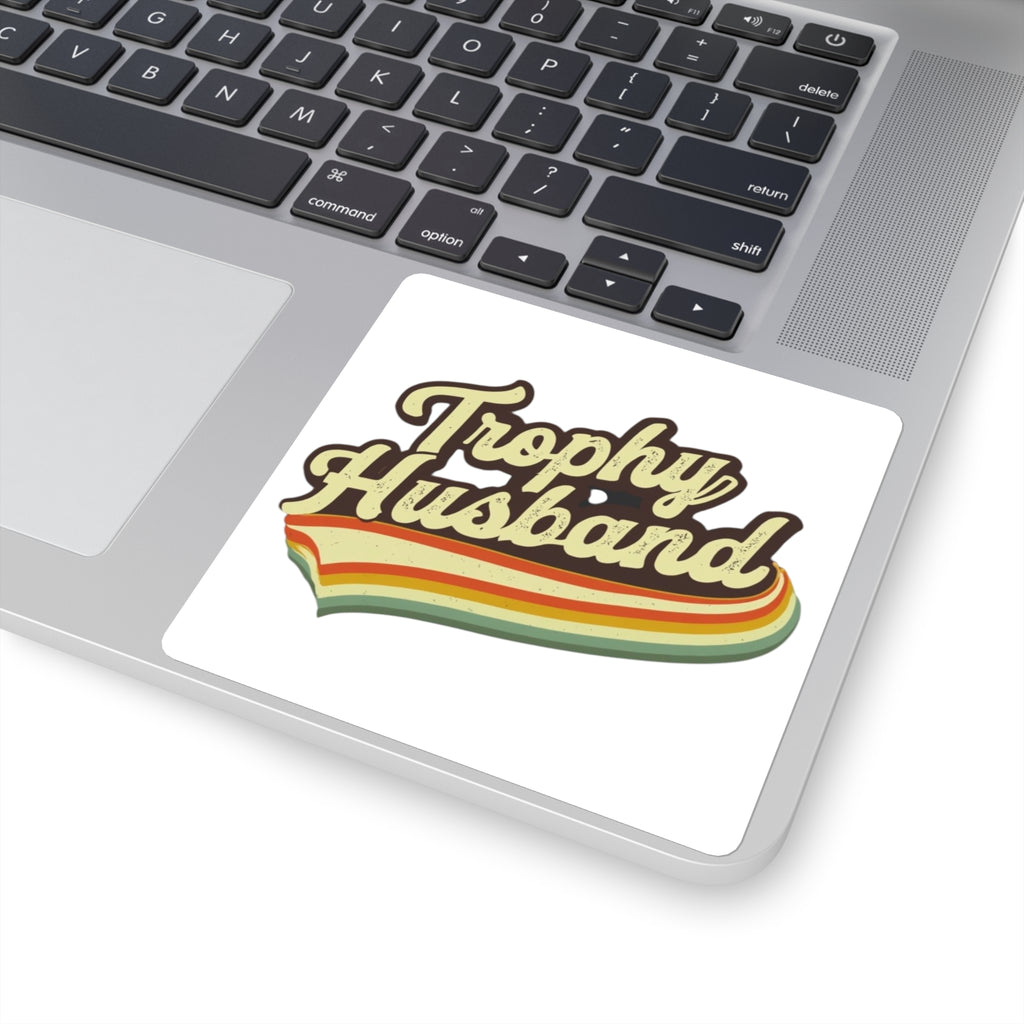 Retro Trophy Husband Square Stickers - Funny Gift for Him, Laptop Decal, Man Cave Decor, Wedding Celebration, Gift for Him