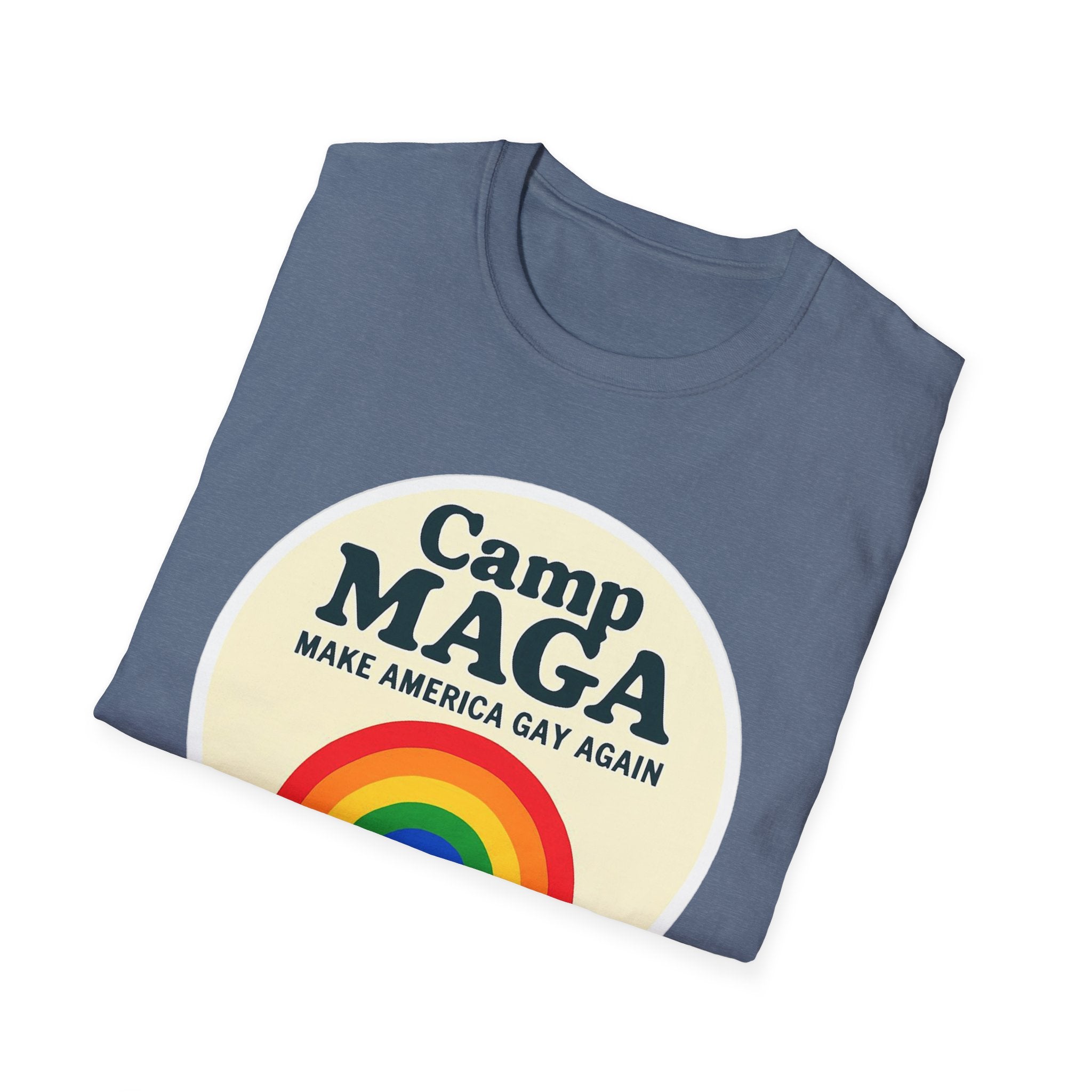 Camp MAGA Rainbow T-Shirt, Carnival Make America Gay Again Pride Tee, LGBTQ Festival Shirt, Unisex Softstyle Top, Patriotic Rainbow Apparel