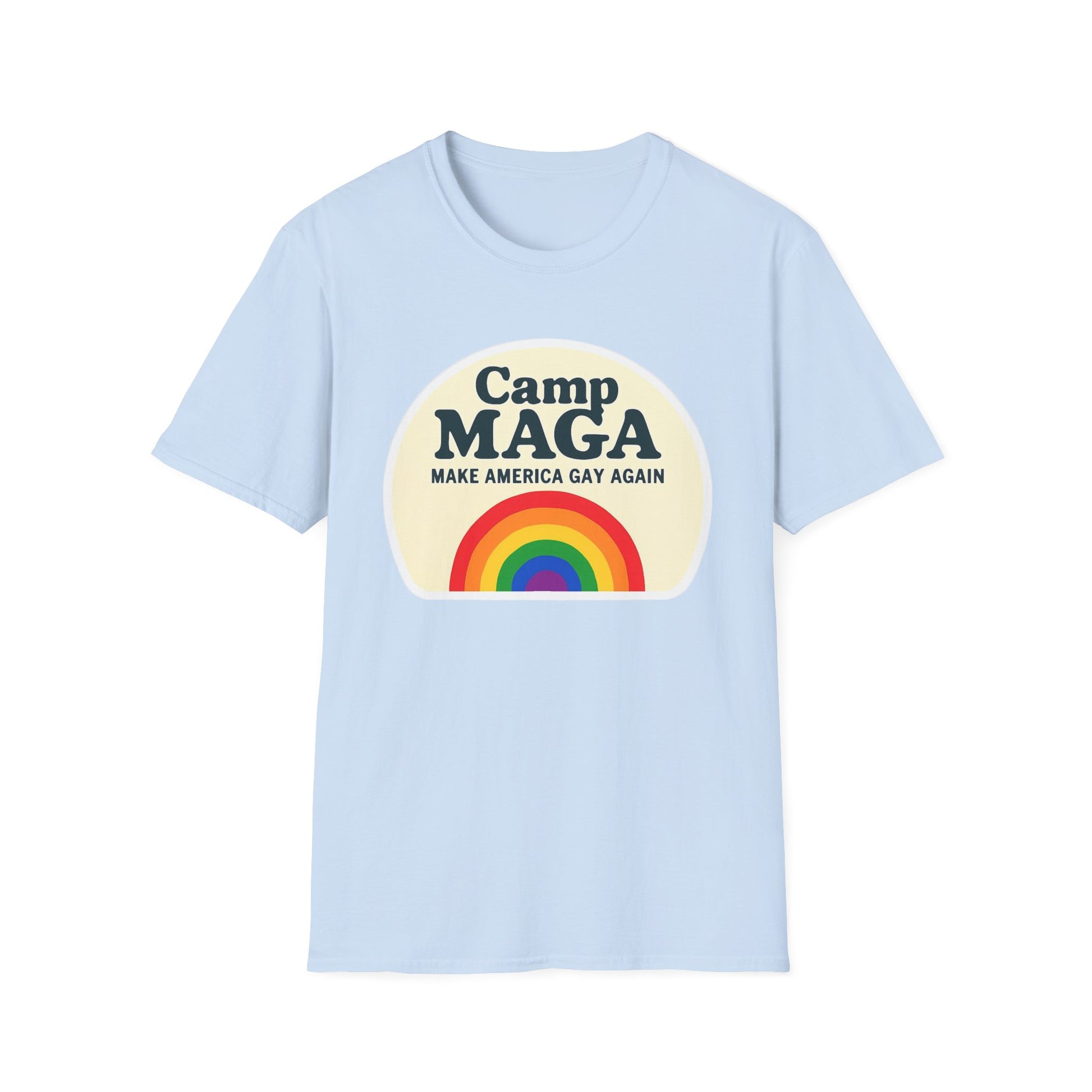Camp MAGA Rainbow T-Shirt, Carnival Make America Gay Again Pride Tee, LGBTQ Festival Shirt, Unisex Softstyle Top, Patriotic Rainbow Apparel