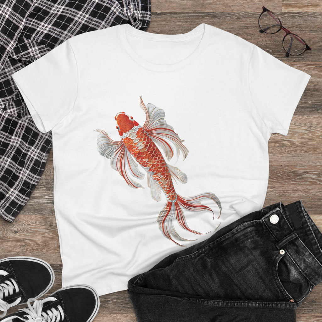 Koi Fish Design Tee for Women, Casual Summer Top, Gift for Nature Lovers, Artistic Cotton Shirt, Ocean Vibe Tee, Everyday Wear